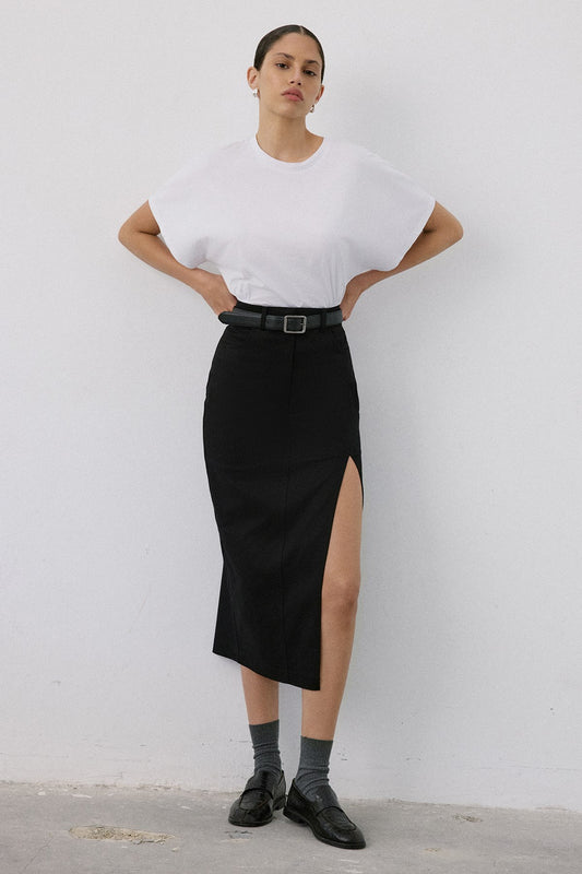 High Waist Asymmetric Slit Midi Skirt
