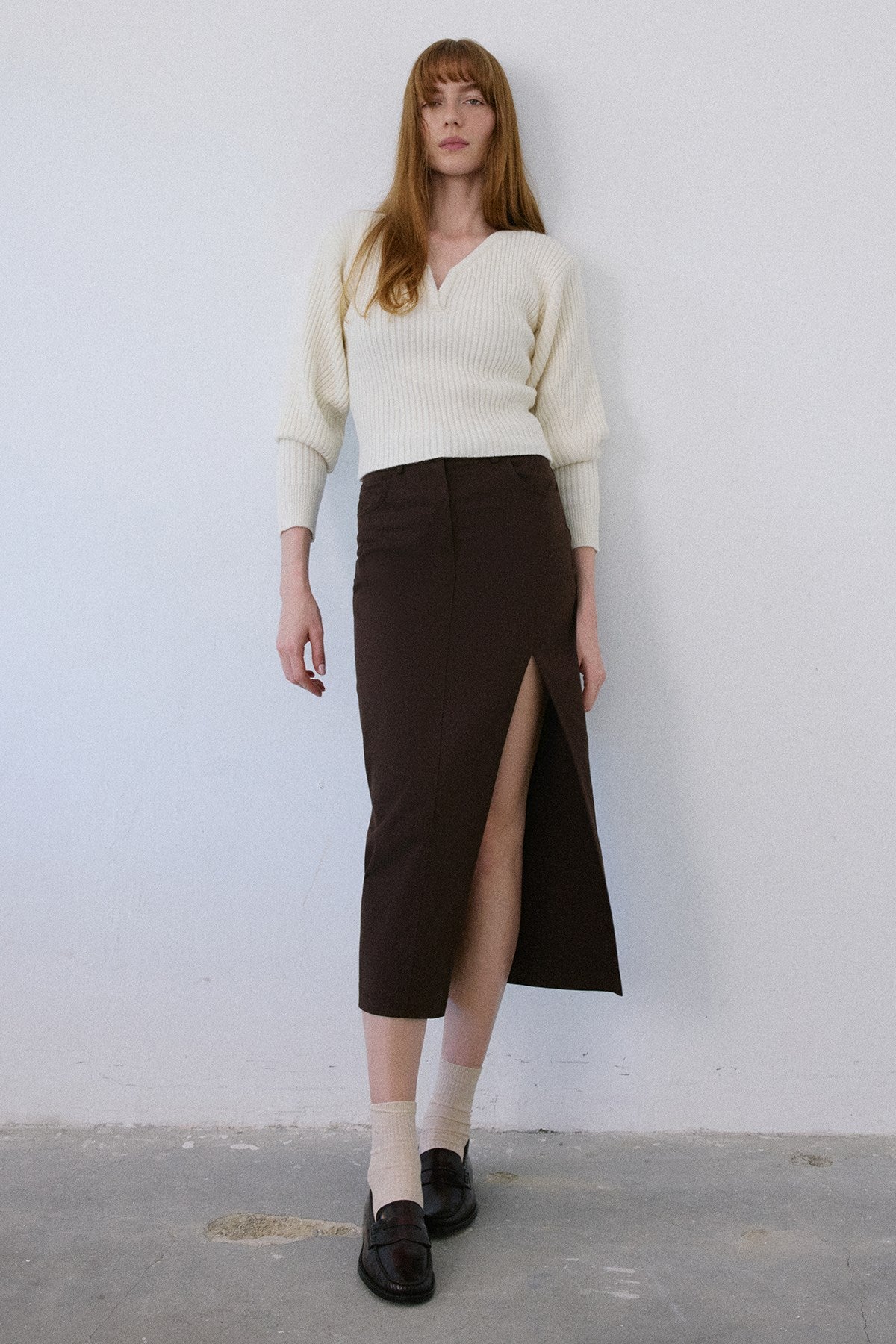 High Waist Asymmetric Slit Midi Skirt