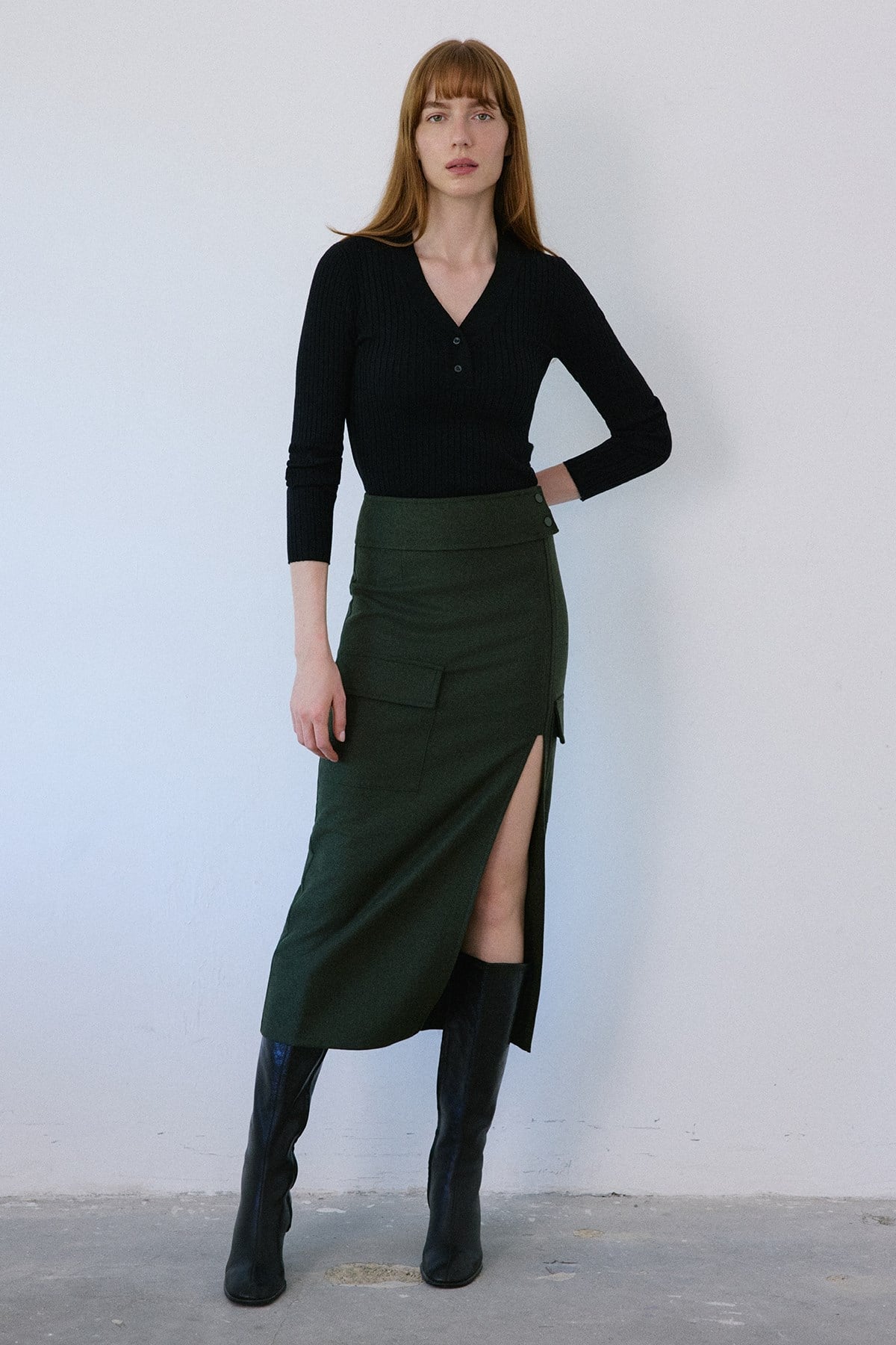 High Waist Cargo Pocket Midi Skirt