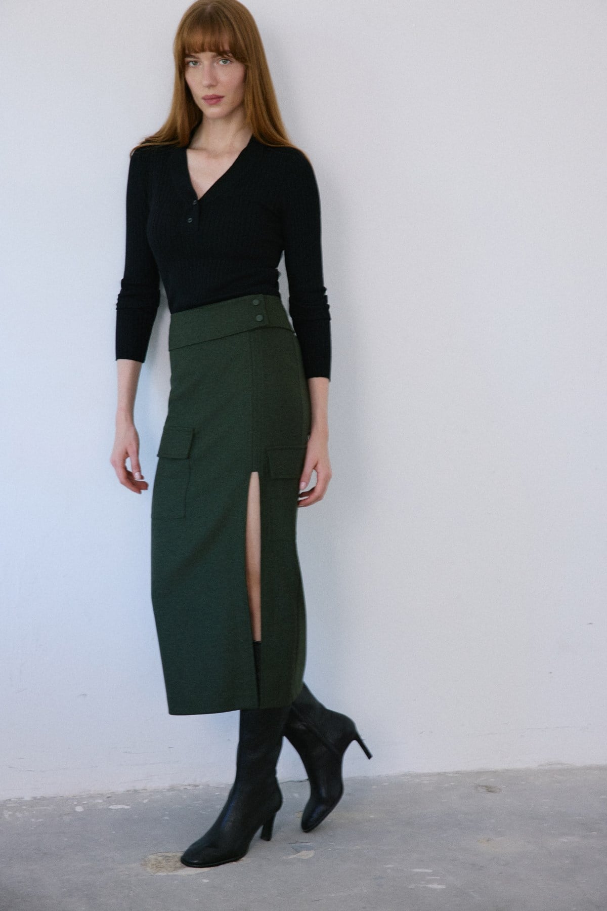 High Waist Cargo Pocket Midi Skirt