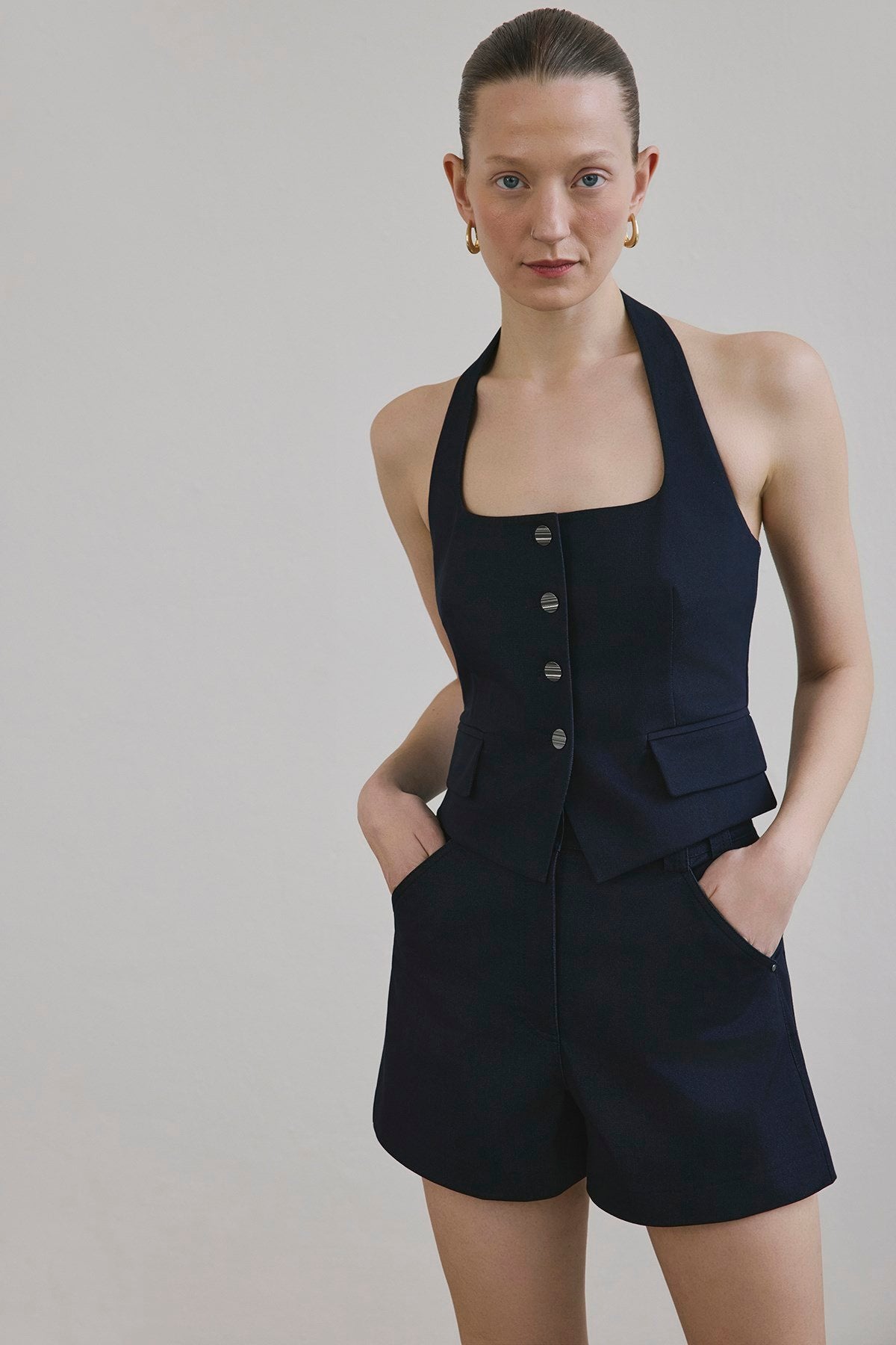 Navy High Waist Denim Textured Blue Mini Shorts