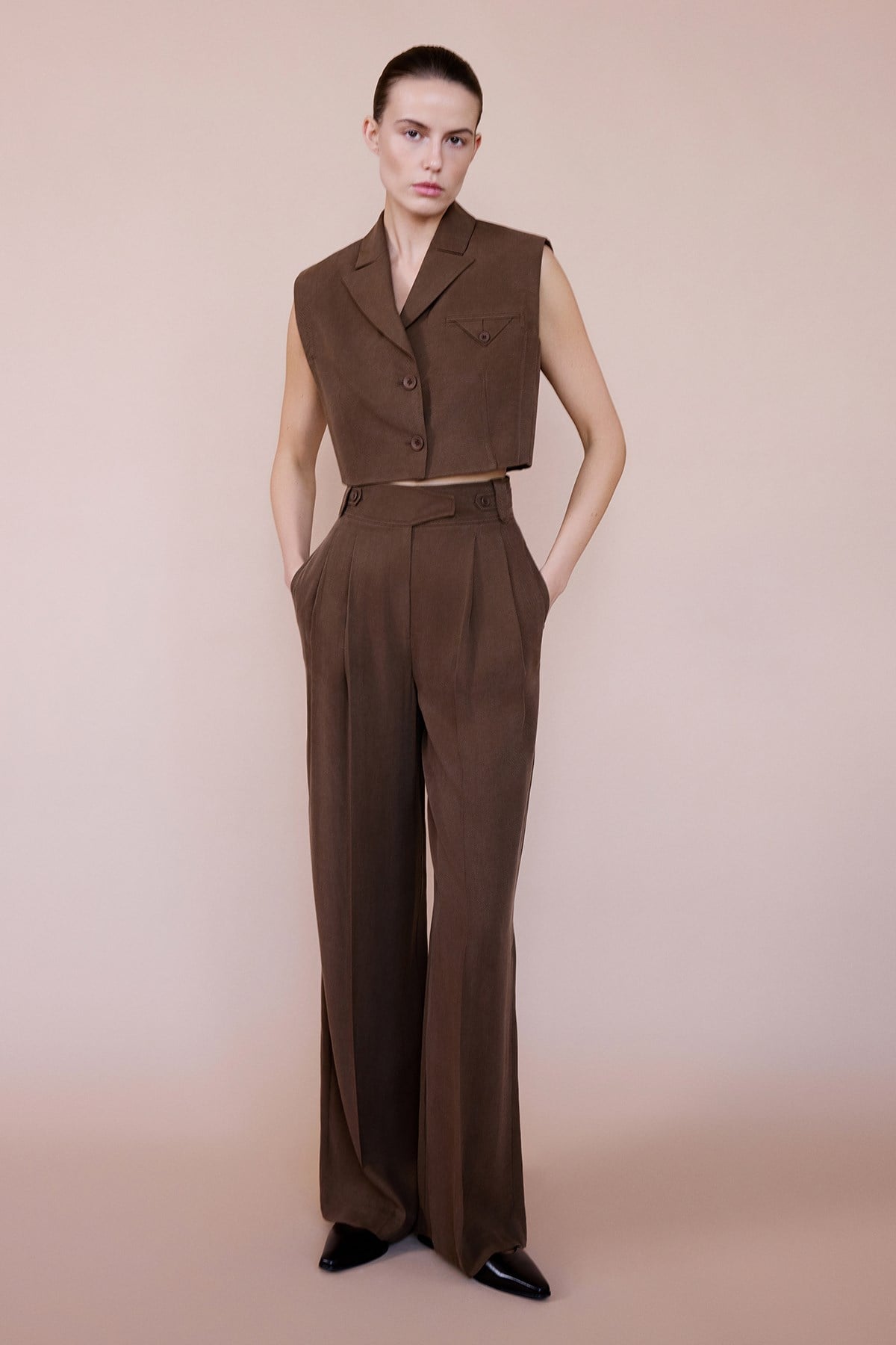 High Waist Wide Leg Pleated Trousers