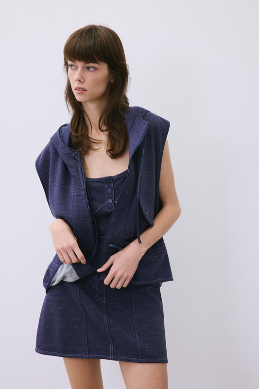 Indigo Knit Mini Skirt with Contrast Stitch