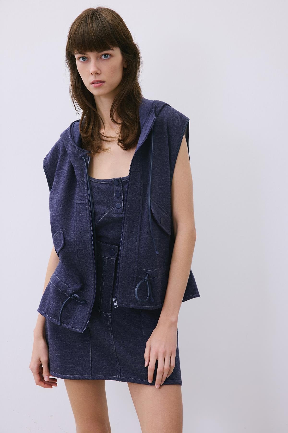 Indigo Knit Mini Skirt with Contrast Stitch