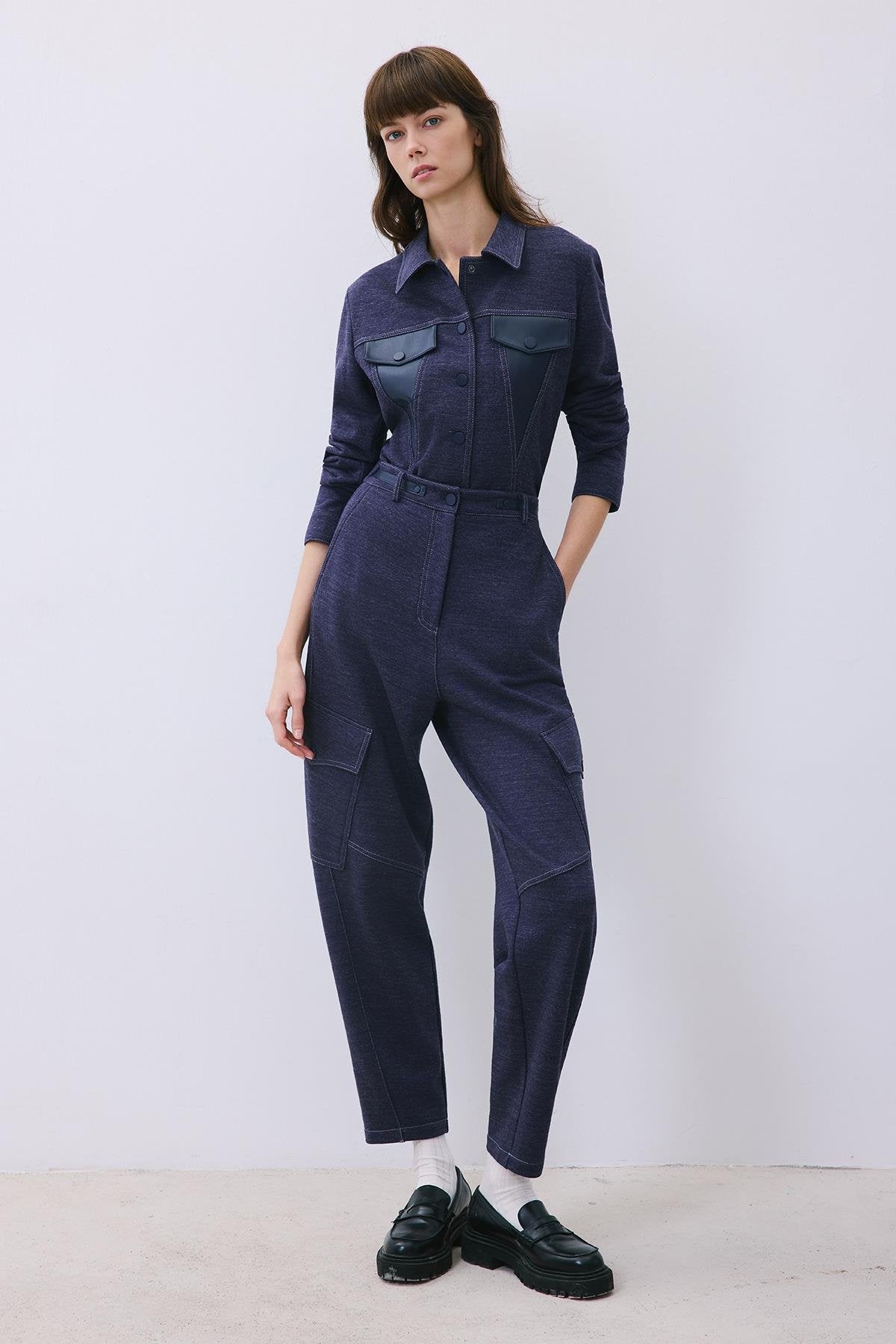 Indigo Knit Relaxed Fit Pants with Faux Leather Detail