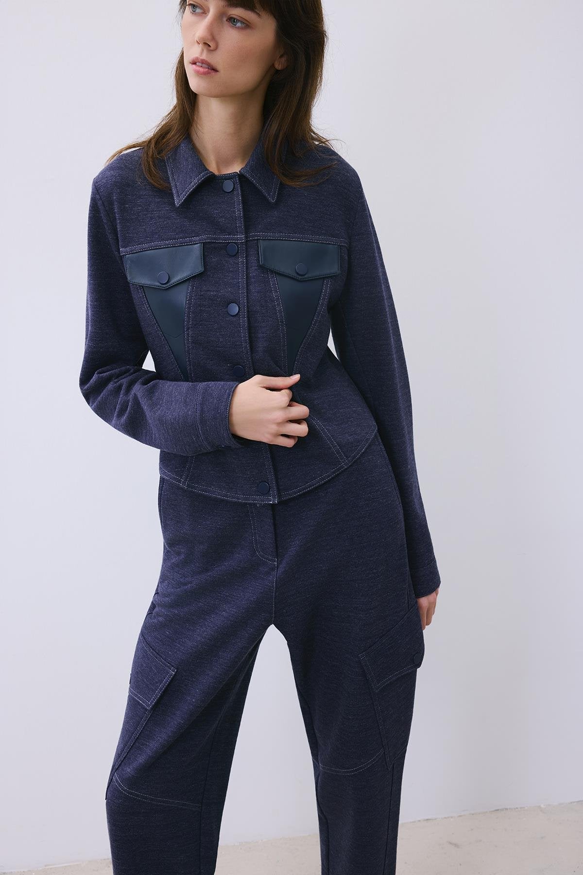 Indigo Knit Shirt with Faux Leather Detail