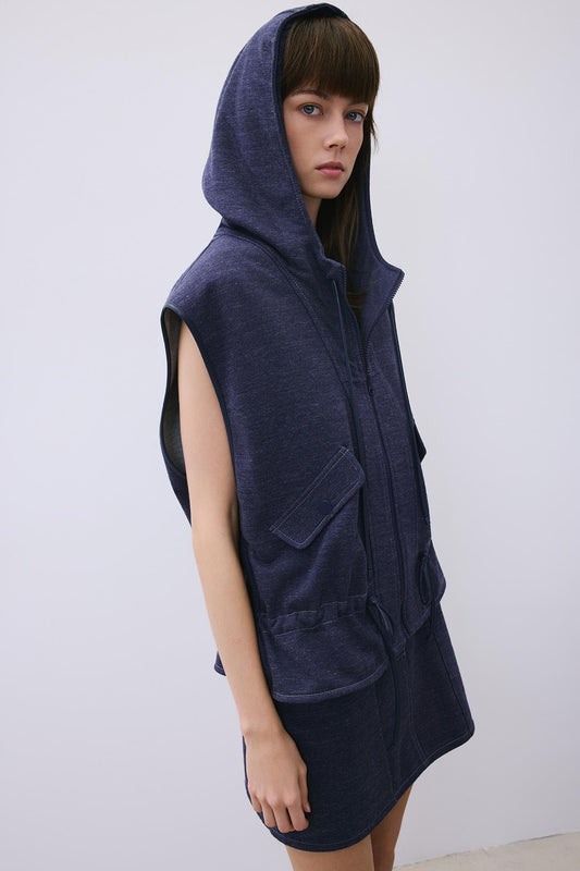 Indigo Knit Vest with Hood and Leather Trim