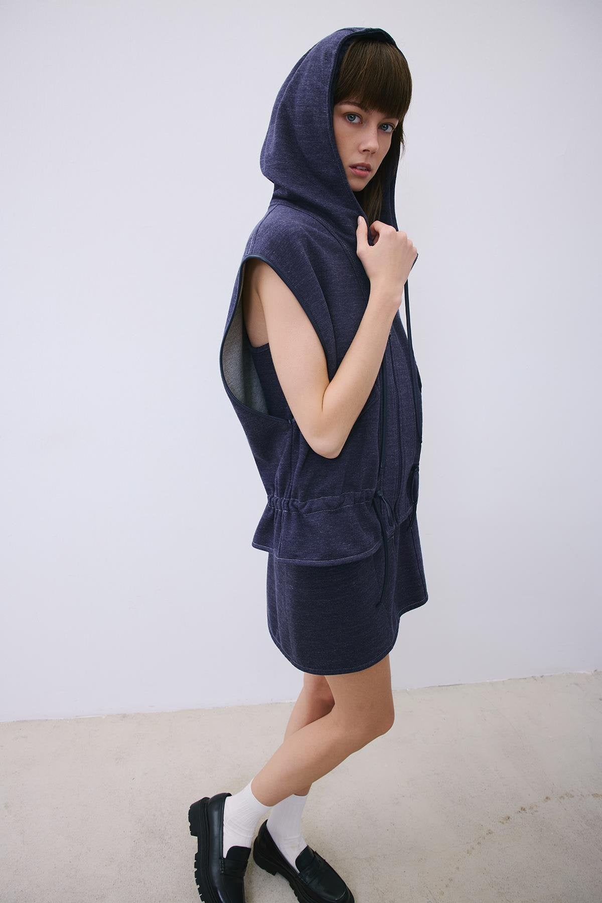 Indigo Knit Vest with Hood and Leather Trim