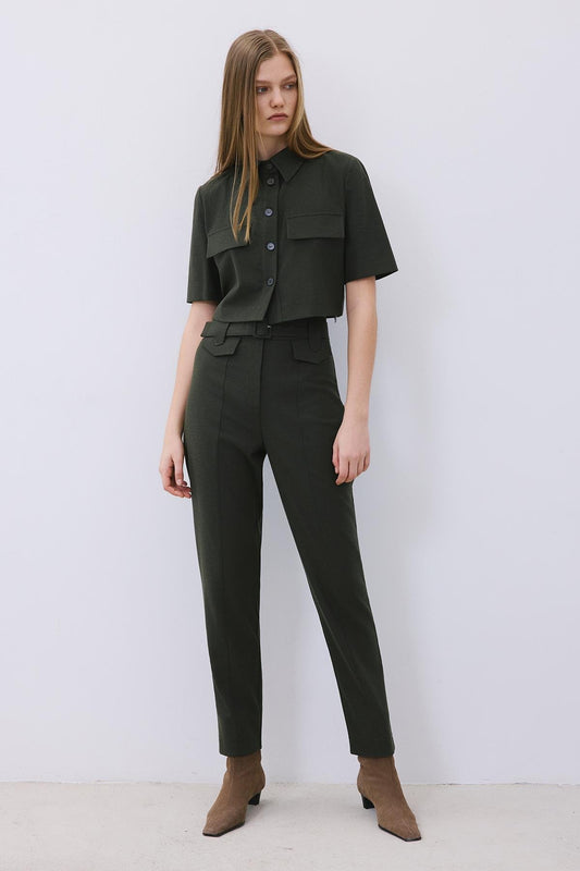 Wool-Blend Belted Pants with Stitch Details