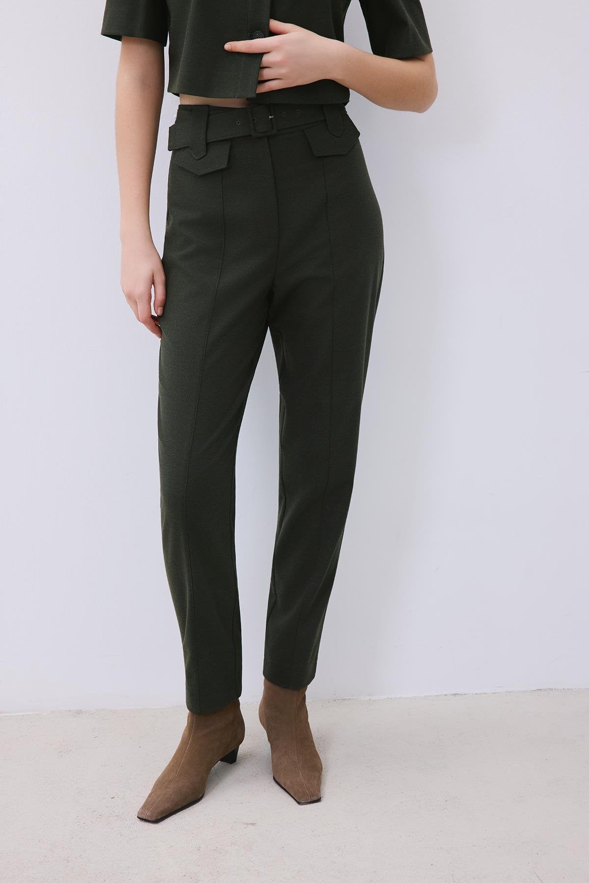Wool-Blend Belted Pants with Stitch Details