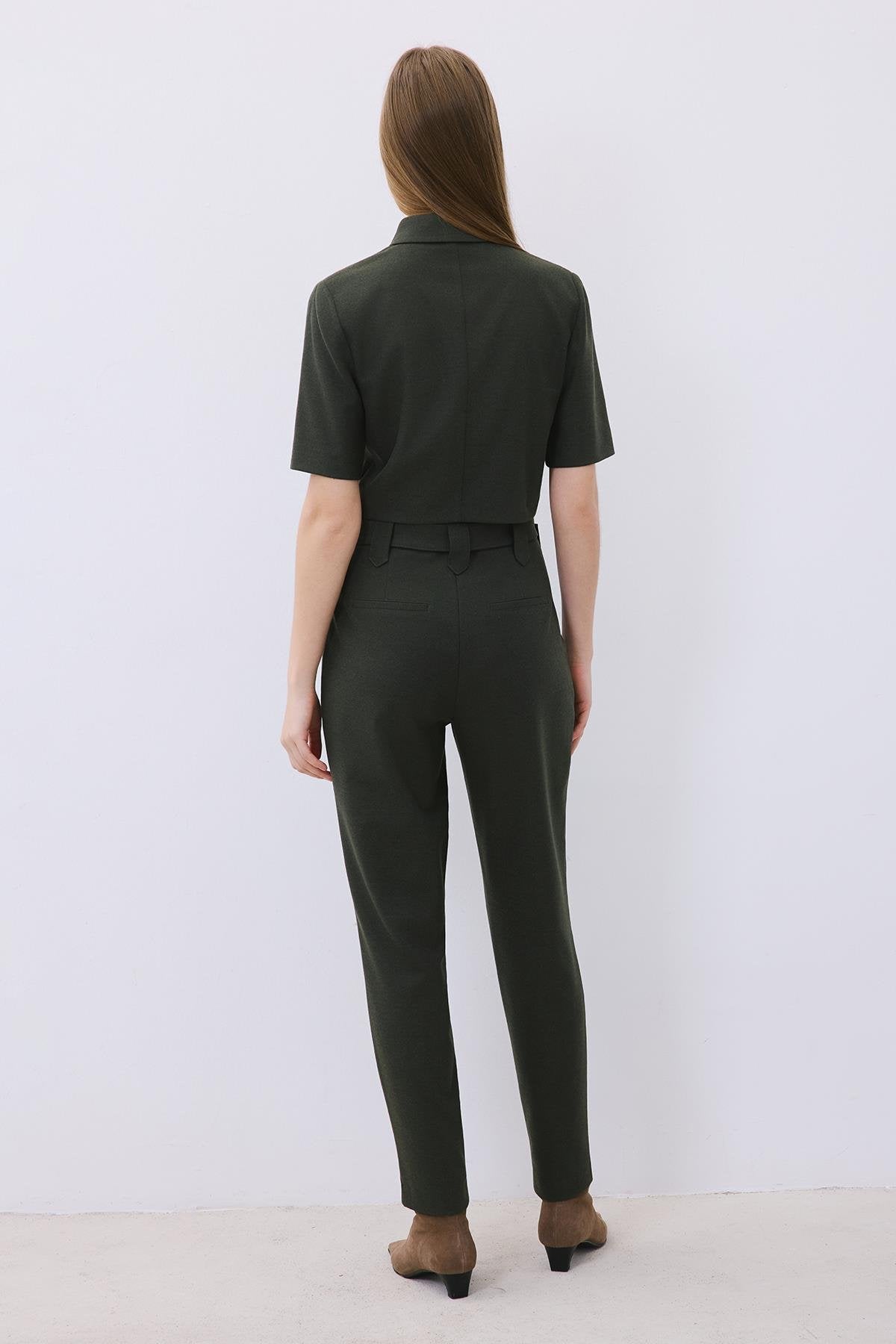 Wool-Blend Belted Pants with Stitch Details