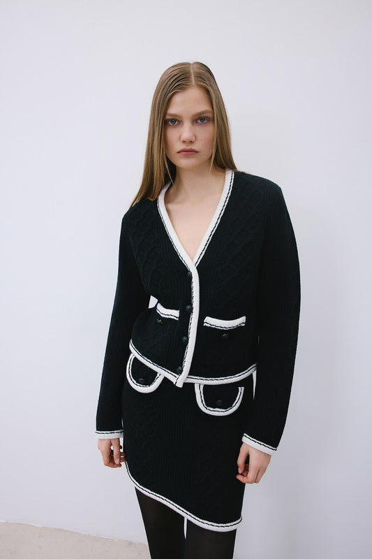 Knit Cardigan with Contrast Piping