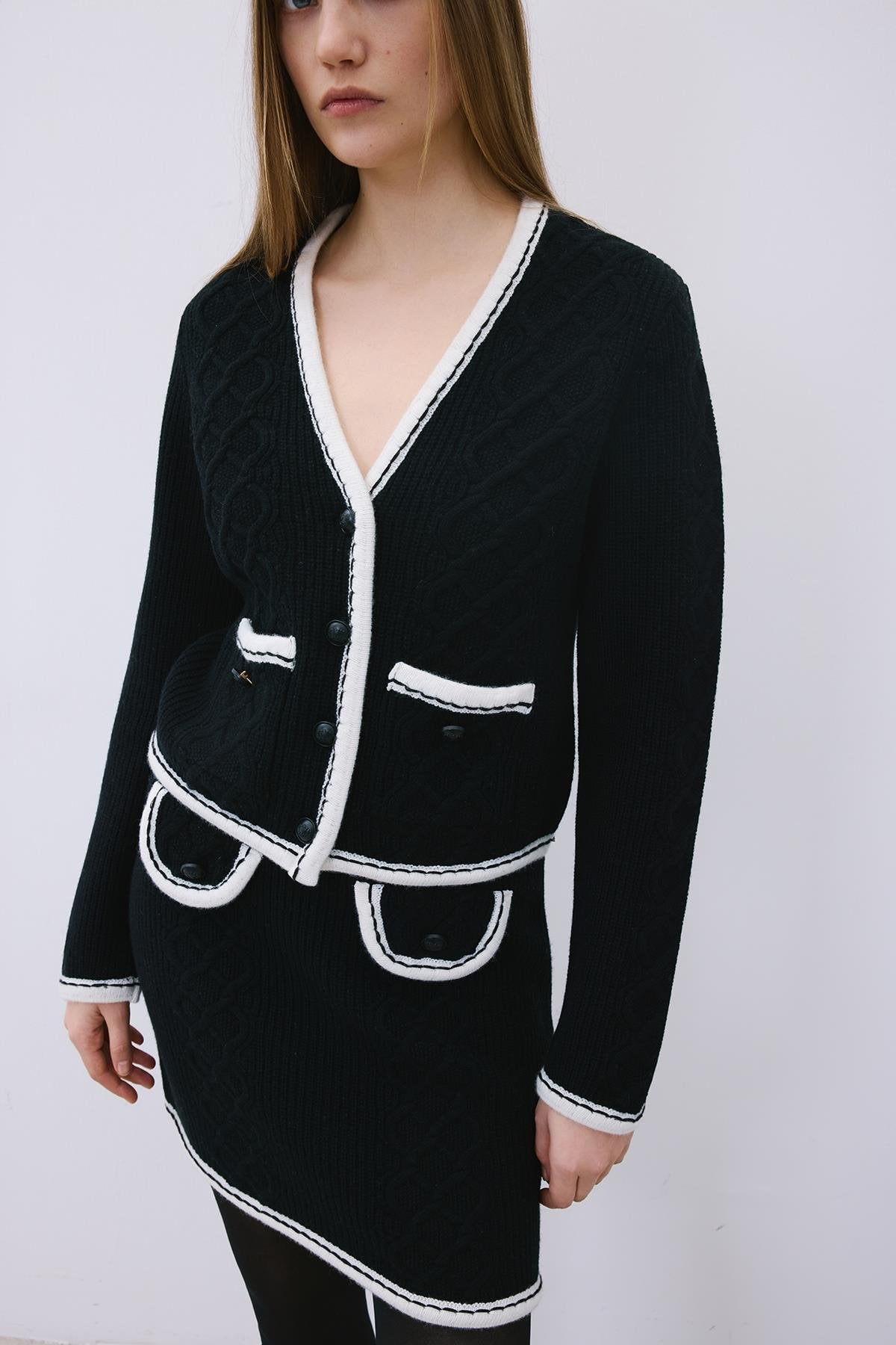 Knit Cardigan with Contrast Piping