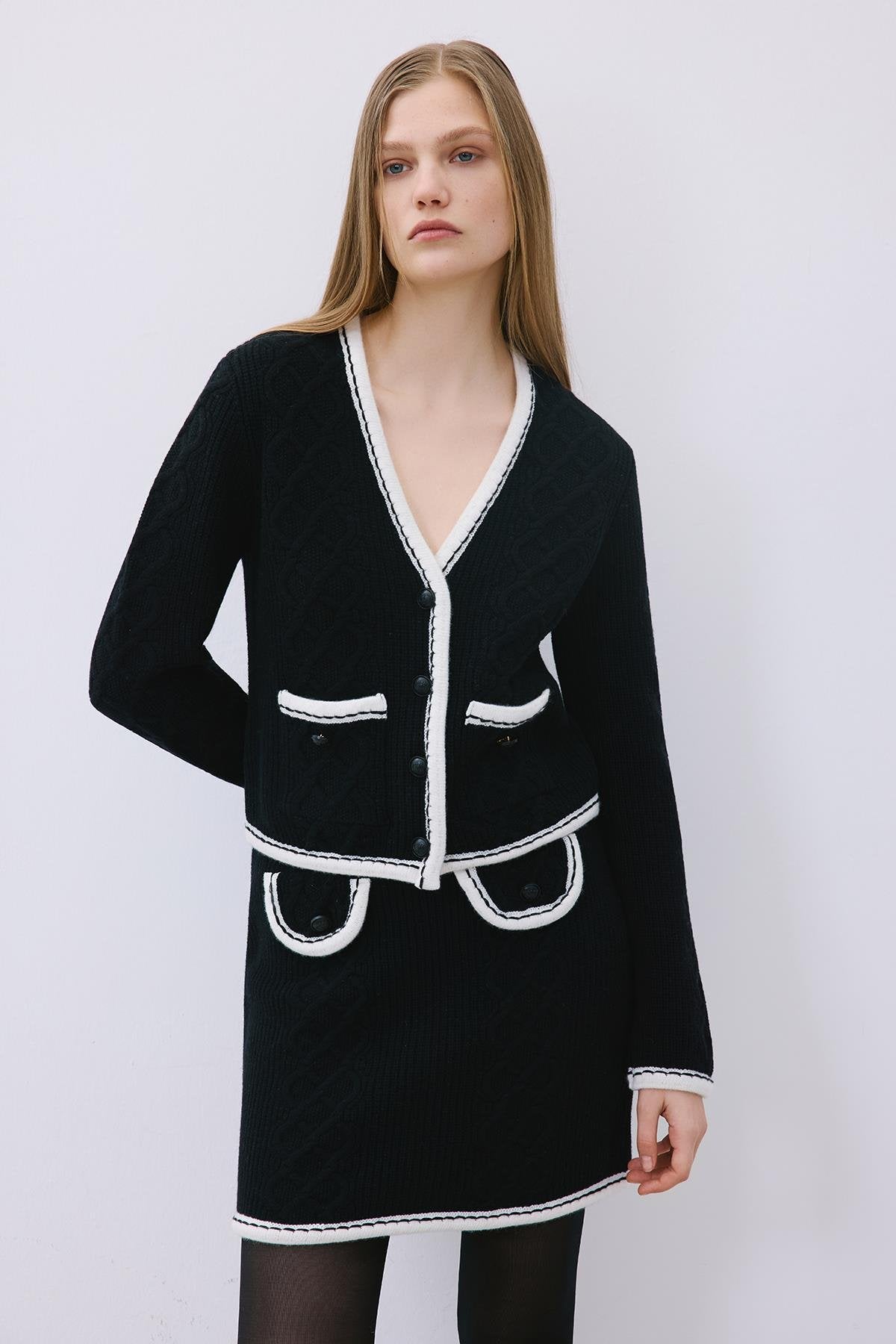 Knit Cardigan with Contrast Piping