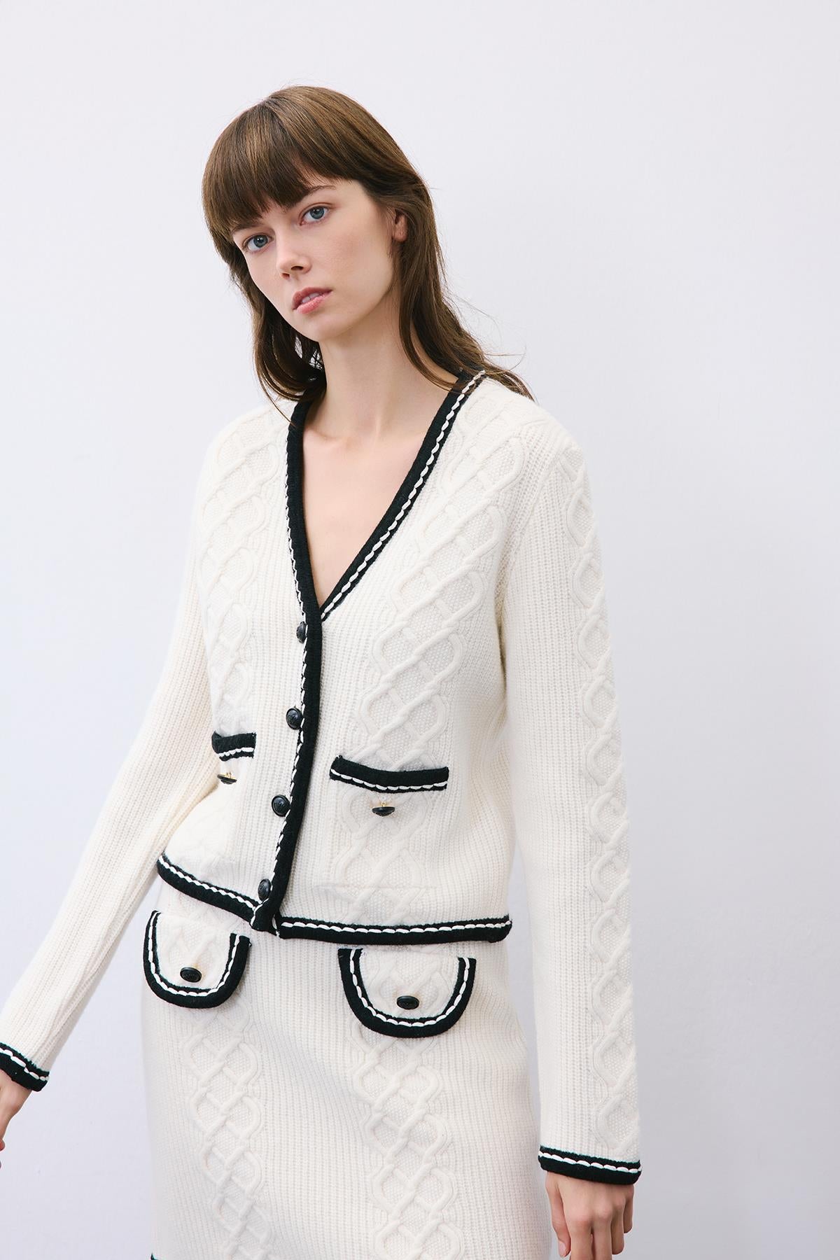 Knit Cardigan with Contrast Piping