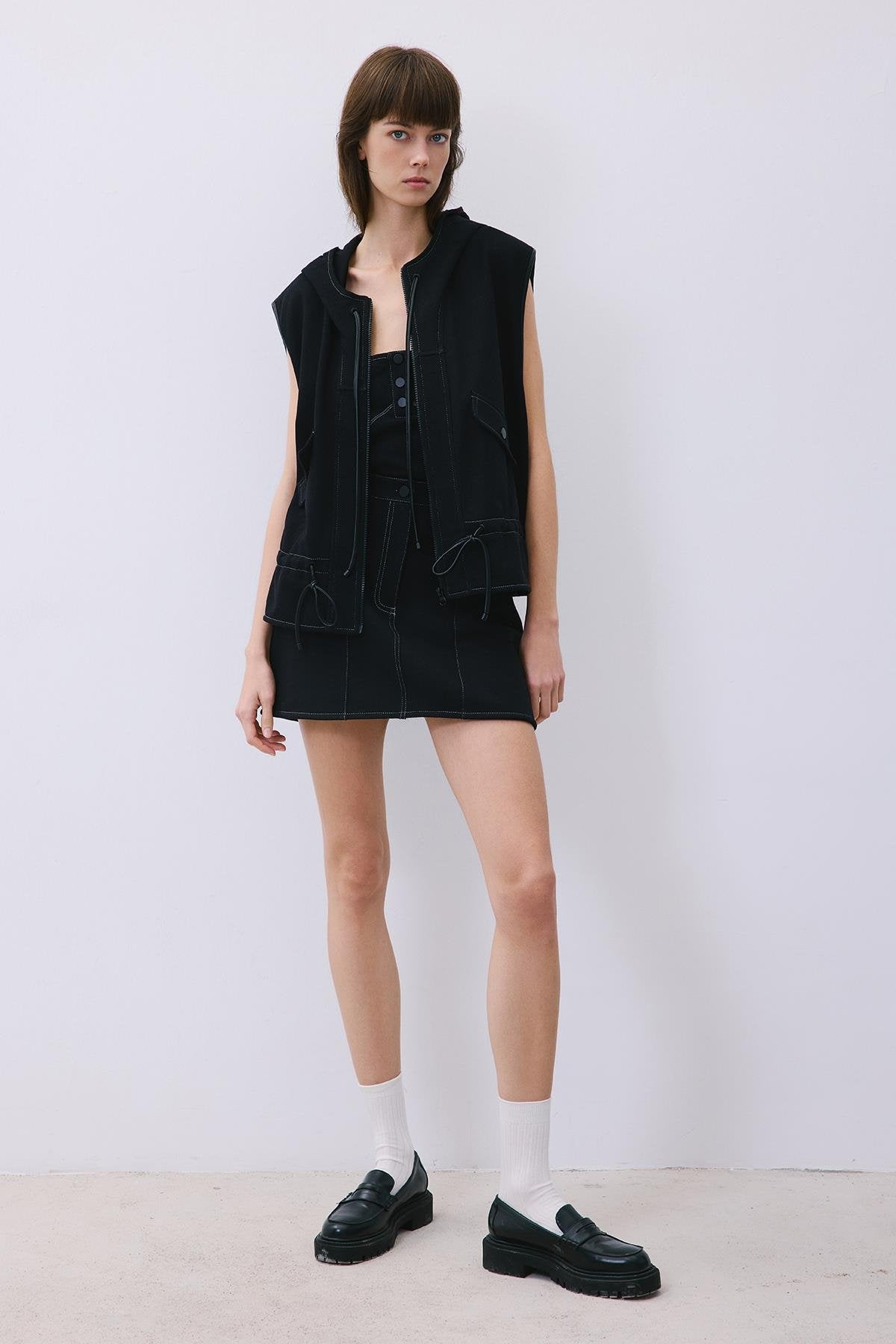 Indigo Knit Mini Skirt with Contrast Stitch