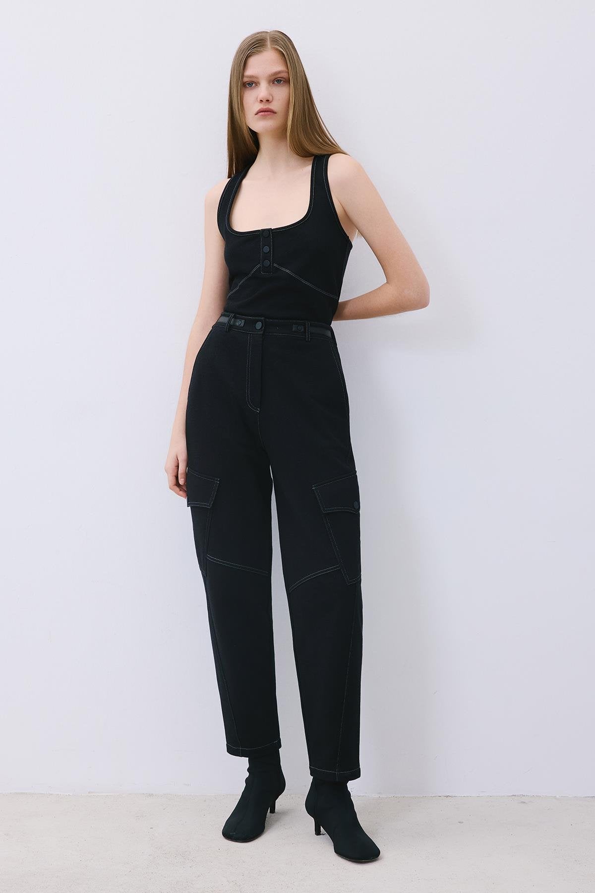 Indigo Knit Relaxed Fit Pants with Faux Leather Detail
