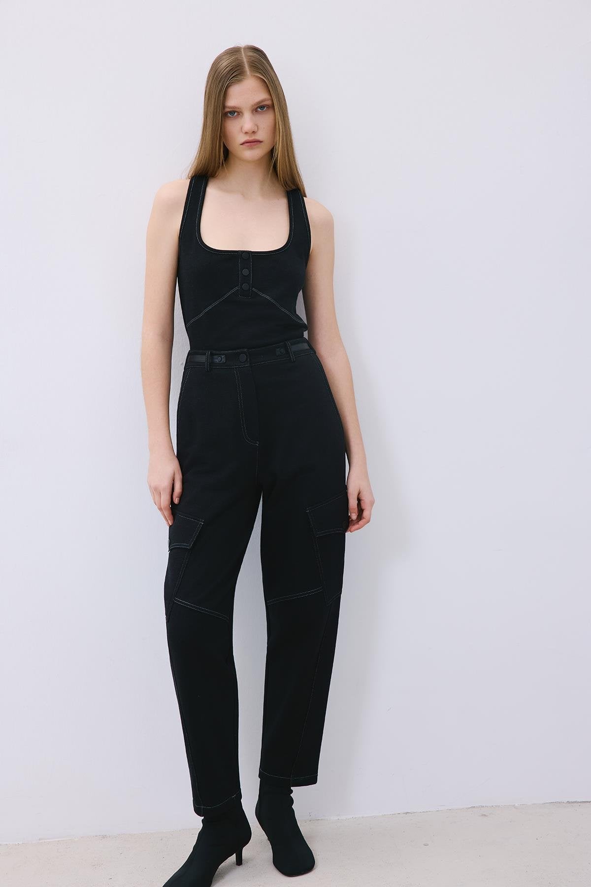 Indigo Knit Relaxed Fit Pants with Faux Leather Detail