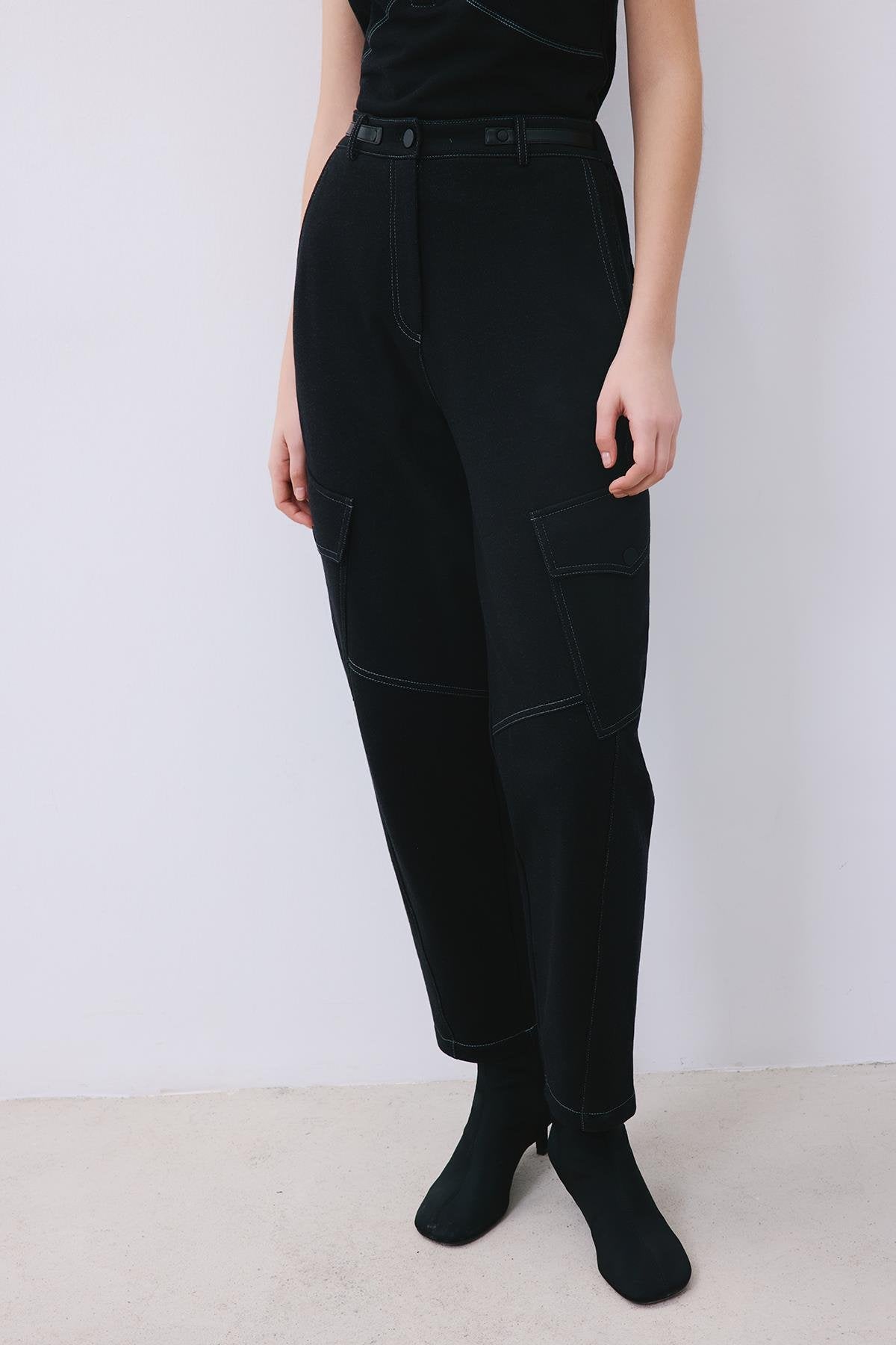 Indigo Knit Relaxed Fit Pants with Faux Leather Detail