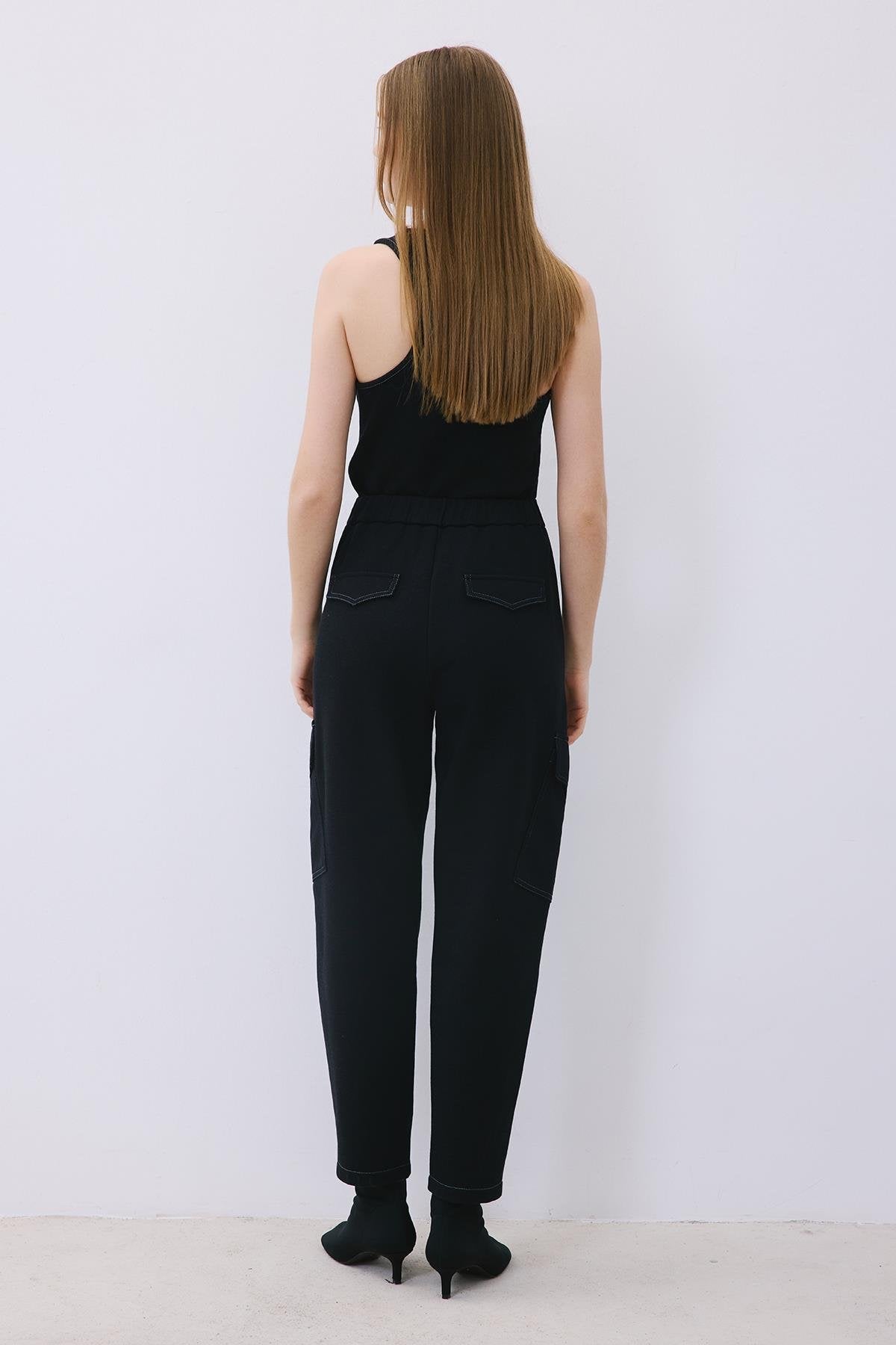 Indigo Knit Relaxed Fit Pants with Faux Leather Detail