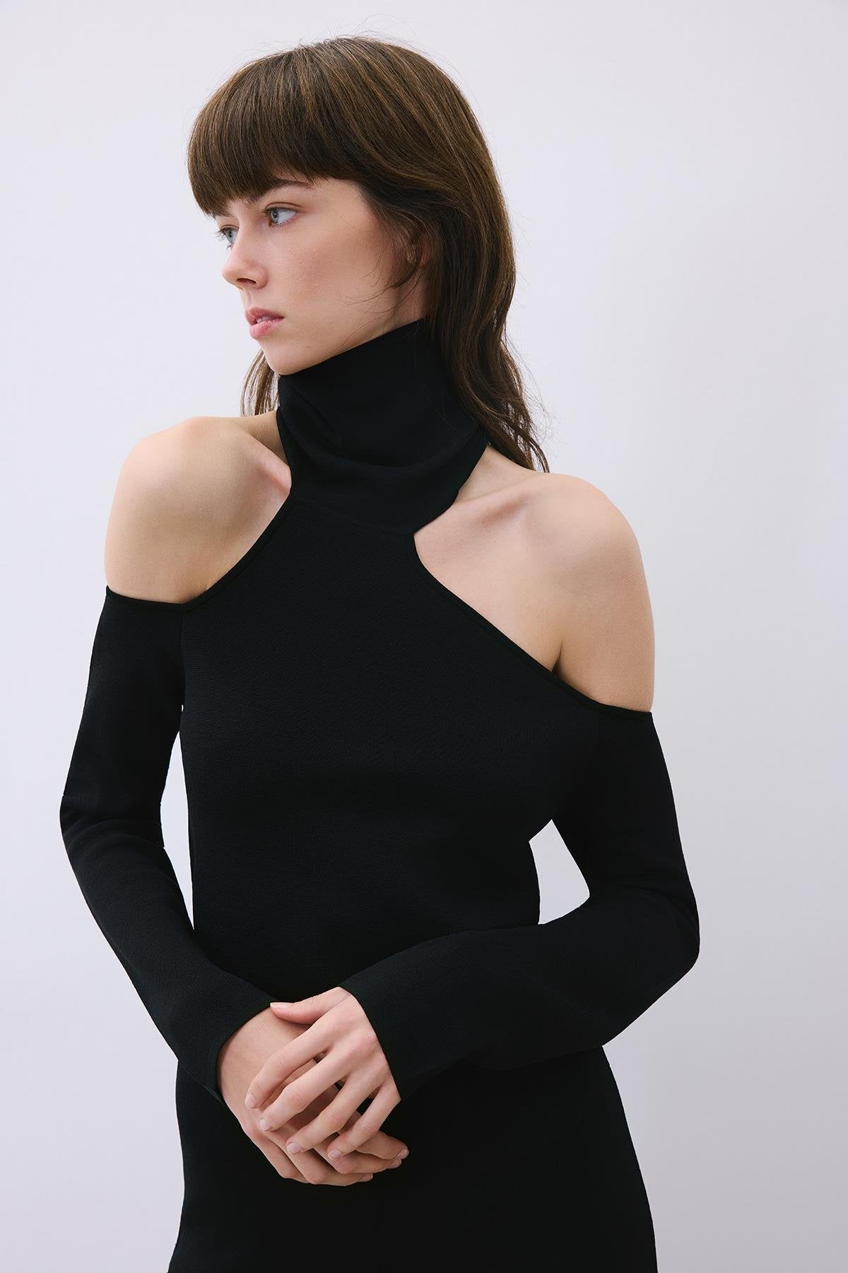Knit Turtleneck Blouse with Shoulder Cut-Out