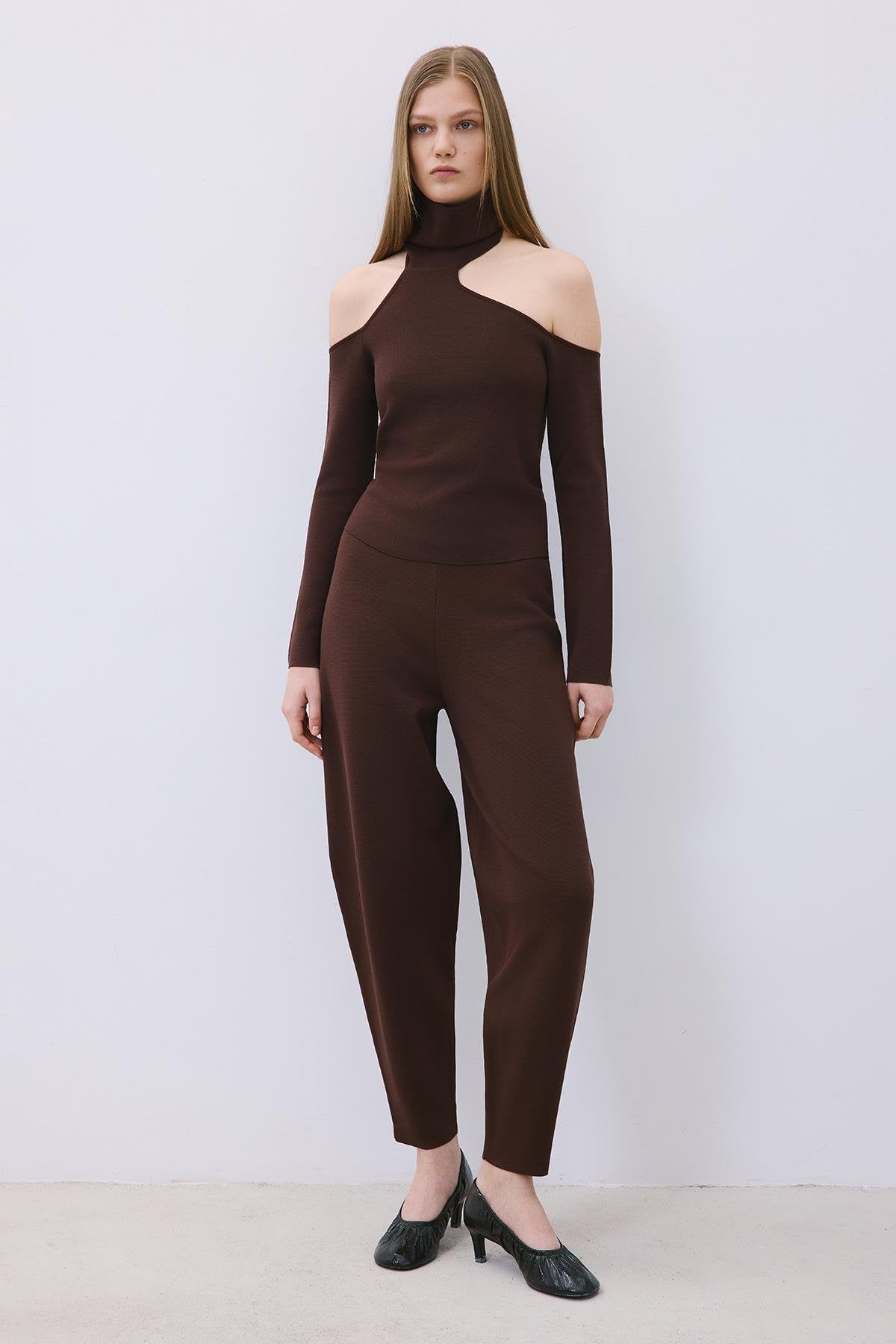 Knit Turtleneck Blouse with Shoulder Cut-Out