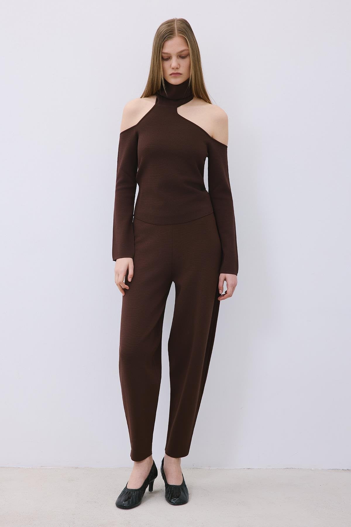 Knit Turtleneck Blouse with Shoulder Cut-Out