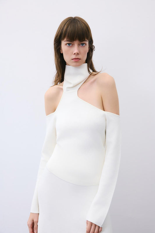 Knit Turtleneck Blouse with Shoulder Cut-Out