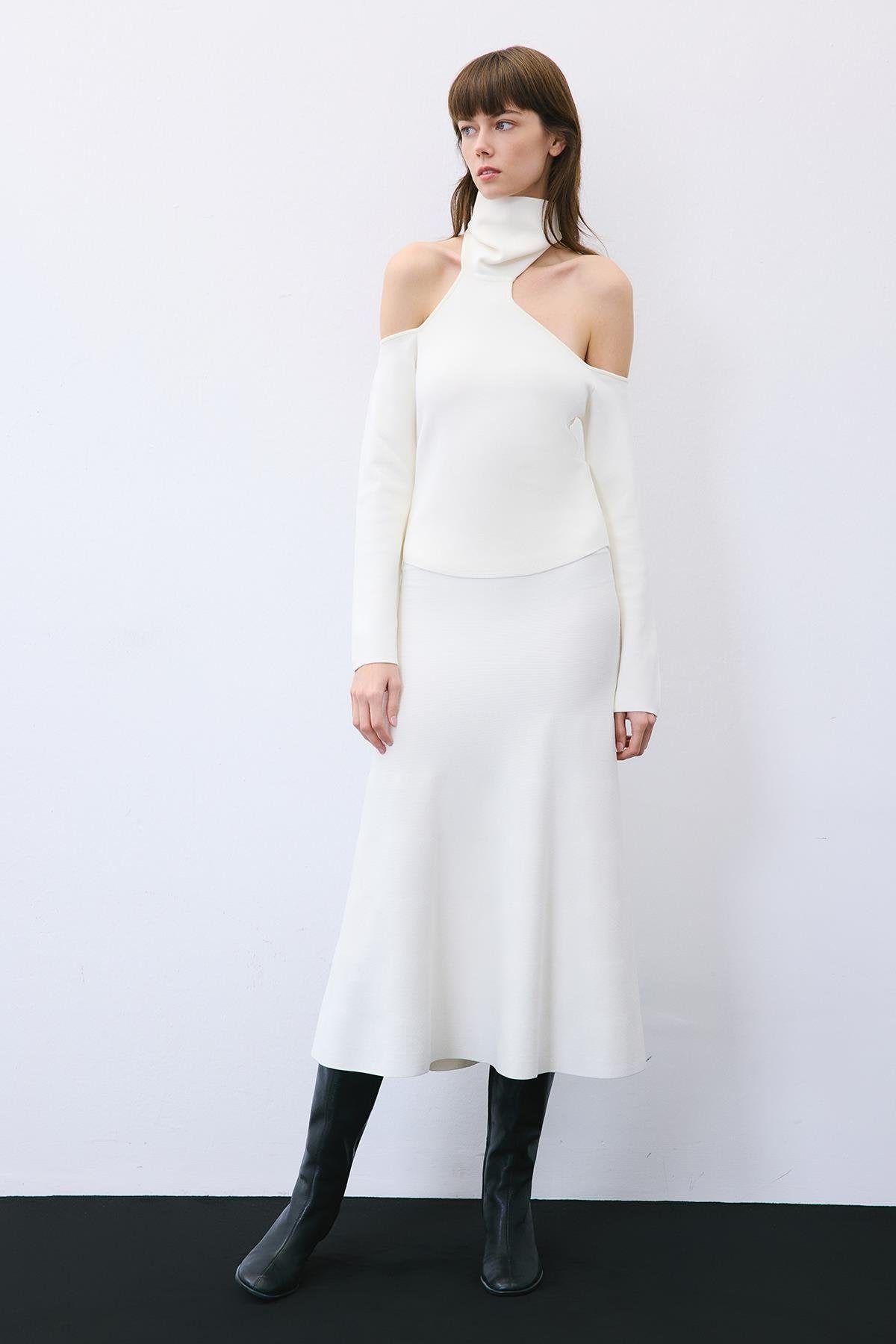 Knit Turtleneck Blouse with Shoulder Cut-Out