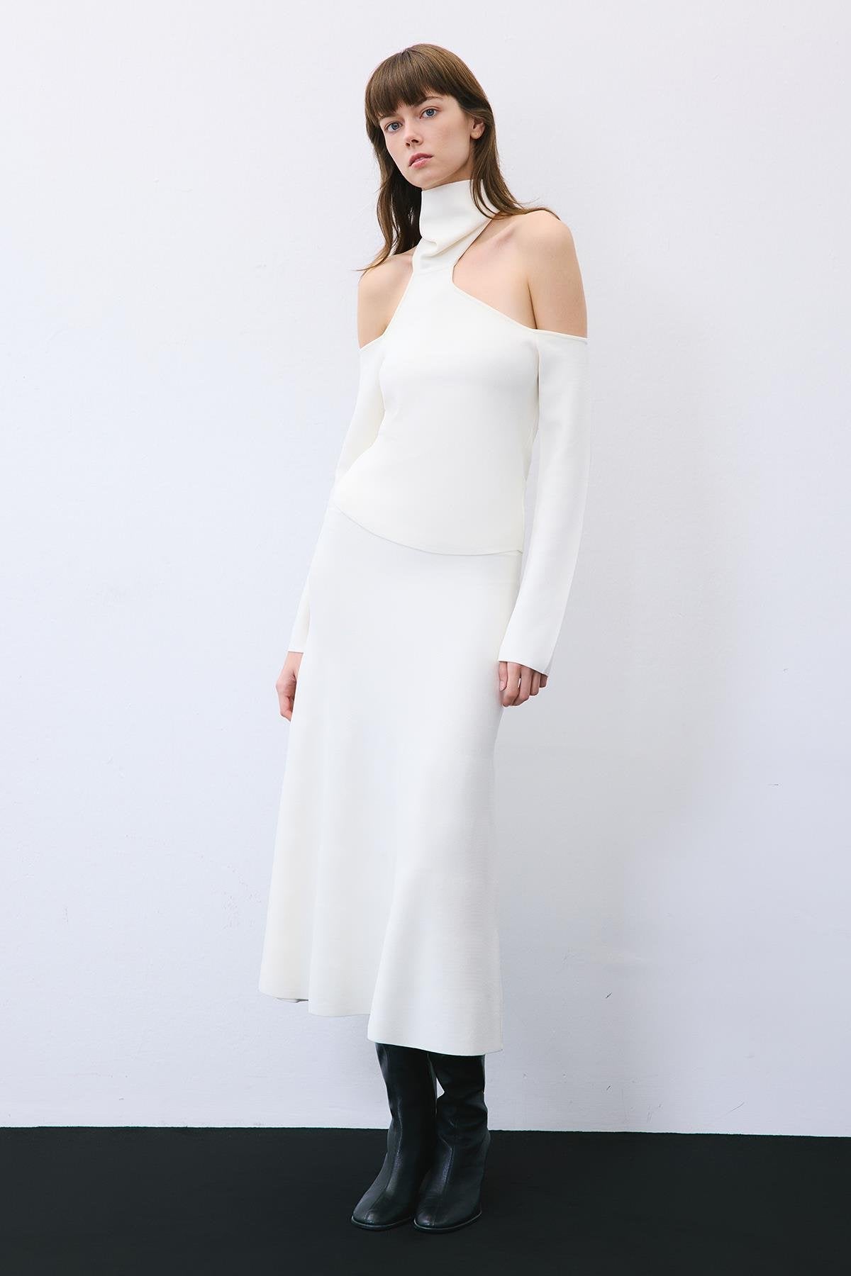 Knit Turtleneck Blouse with Shoulder Cut-Out