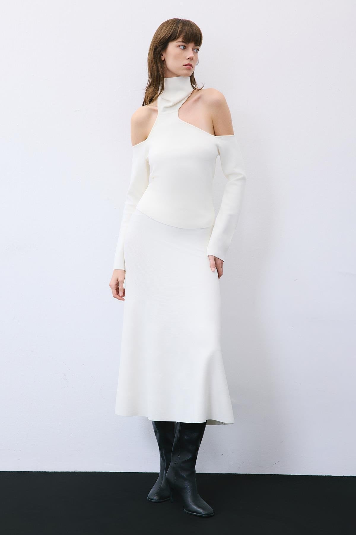 Knit Turtleneck Blouse with Shoulder Cut-Out