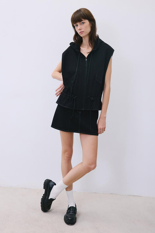 Indigo Knit Vest with Hood and Leather Trim