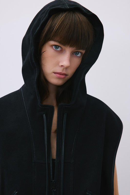 Indigo Knit Vest with Hood and Leather Trim