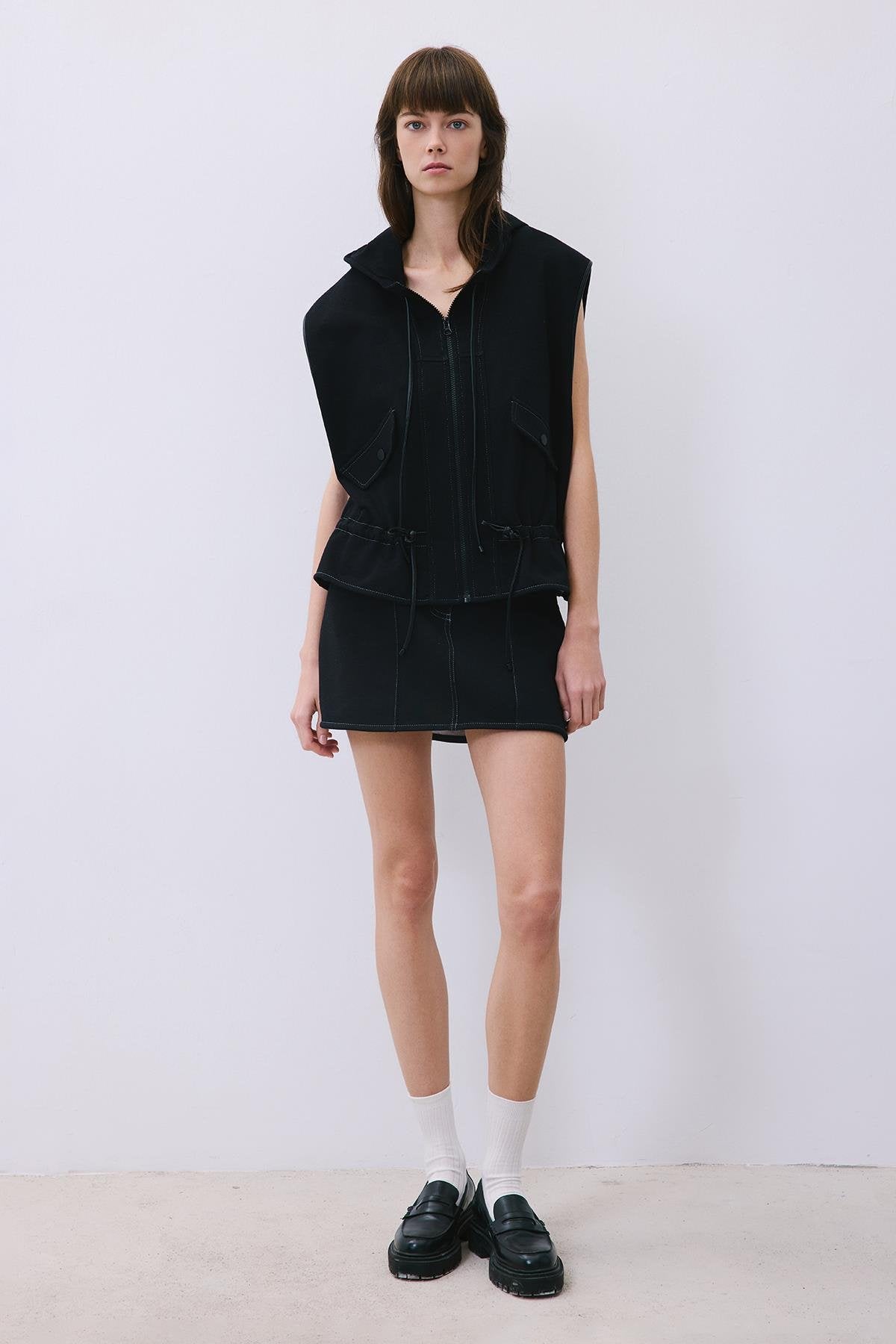 Indigo Knit Vest with Hood and Leather Trim