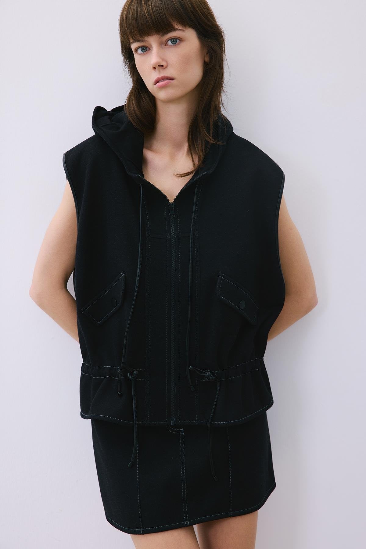Indigo Knit Vest with Hood and Leather Trim
