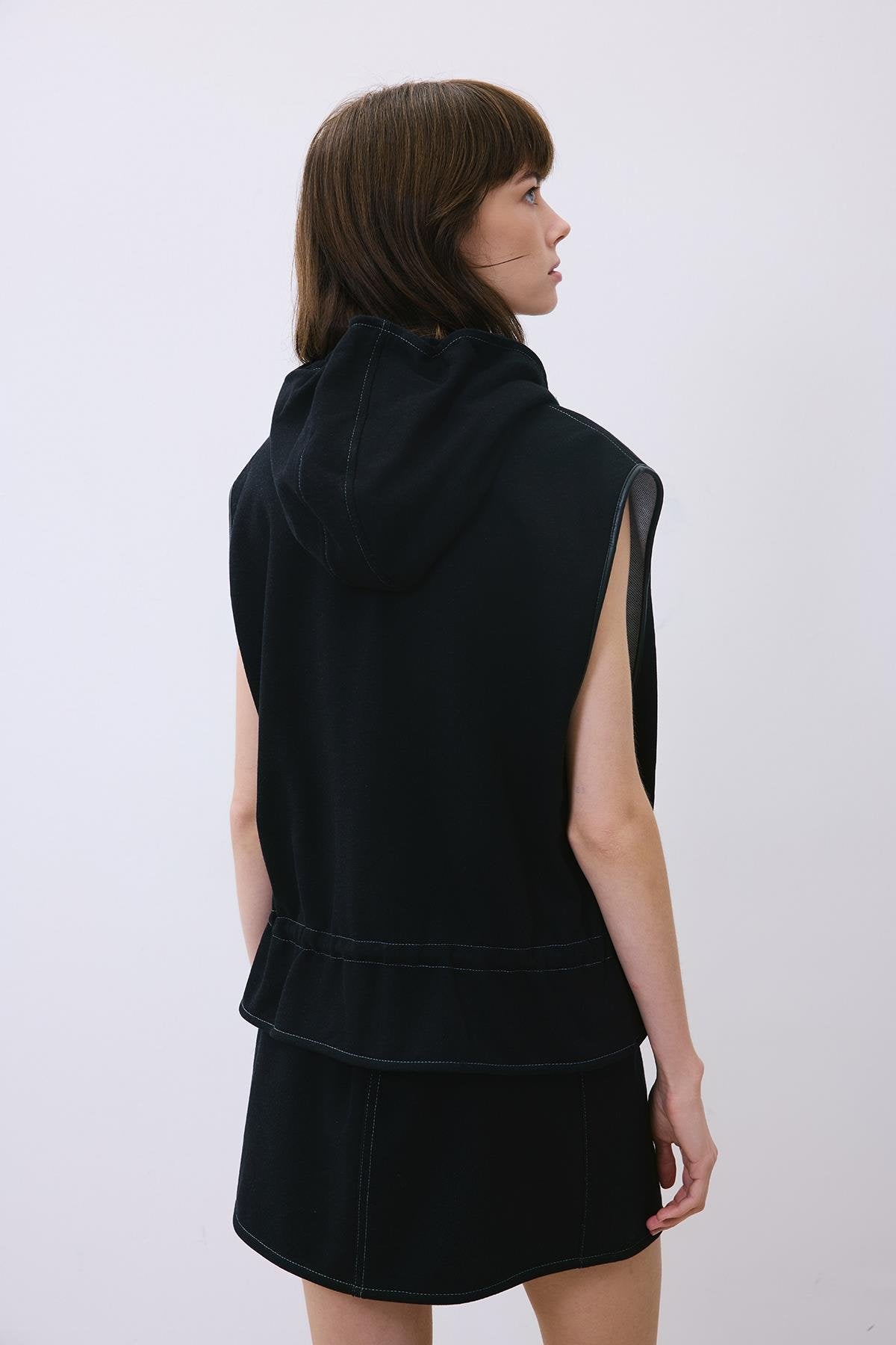 Indigo Knit Vest with Hood and Leather Trim