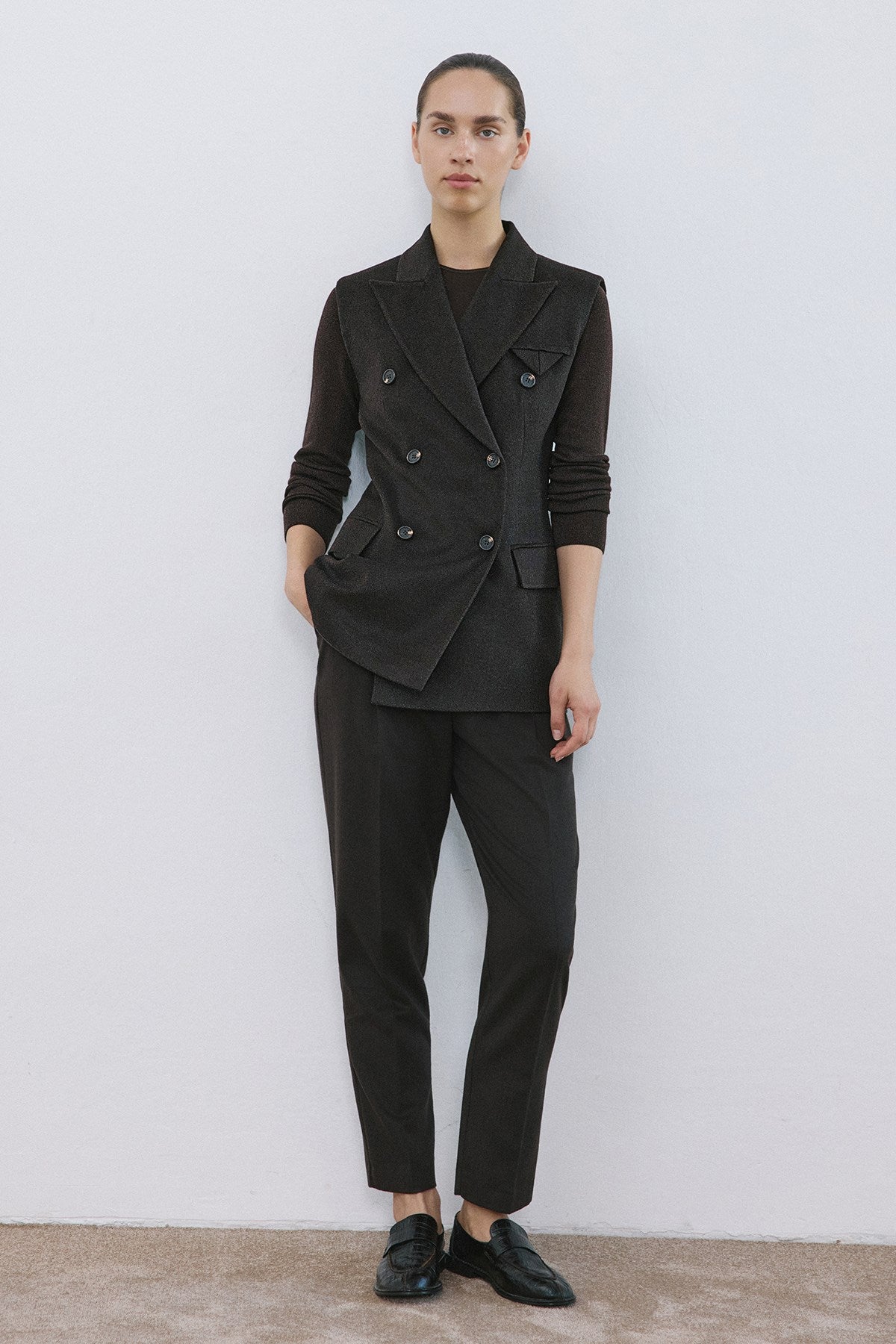 Lapel Collar Lined Double-Breasted Long Vest