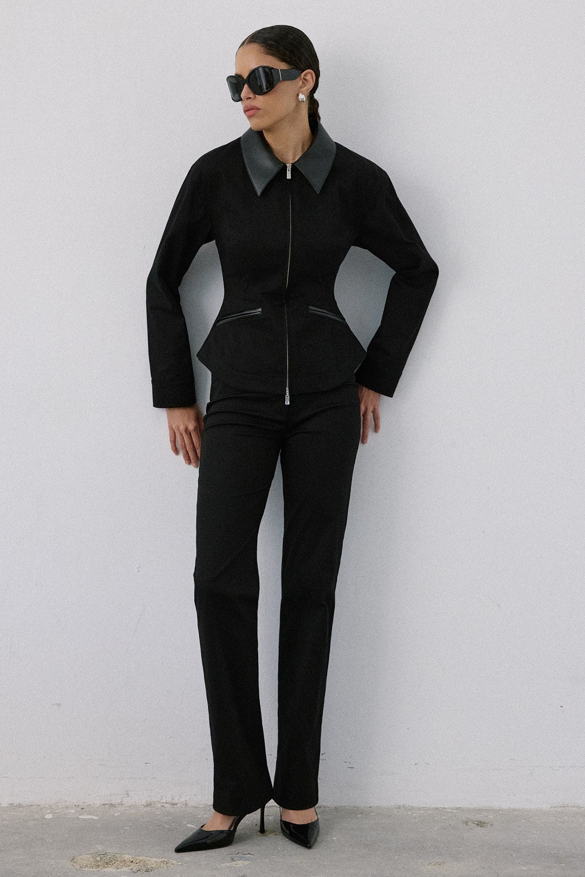 Leather Collar Leather Piping Blazer