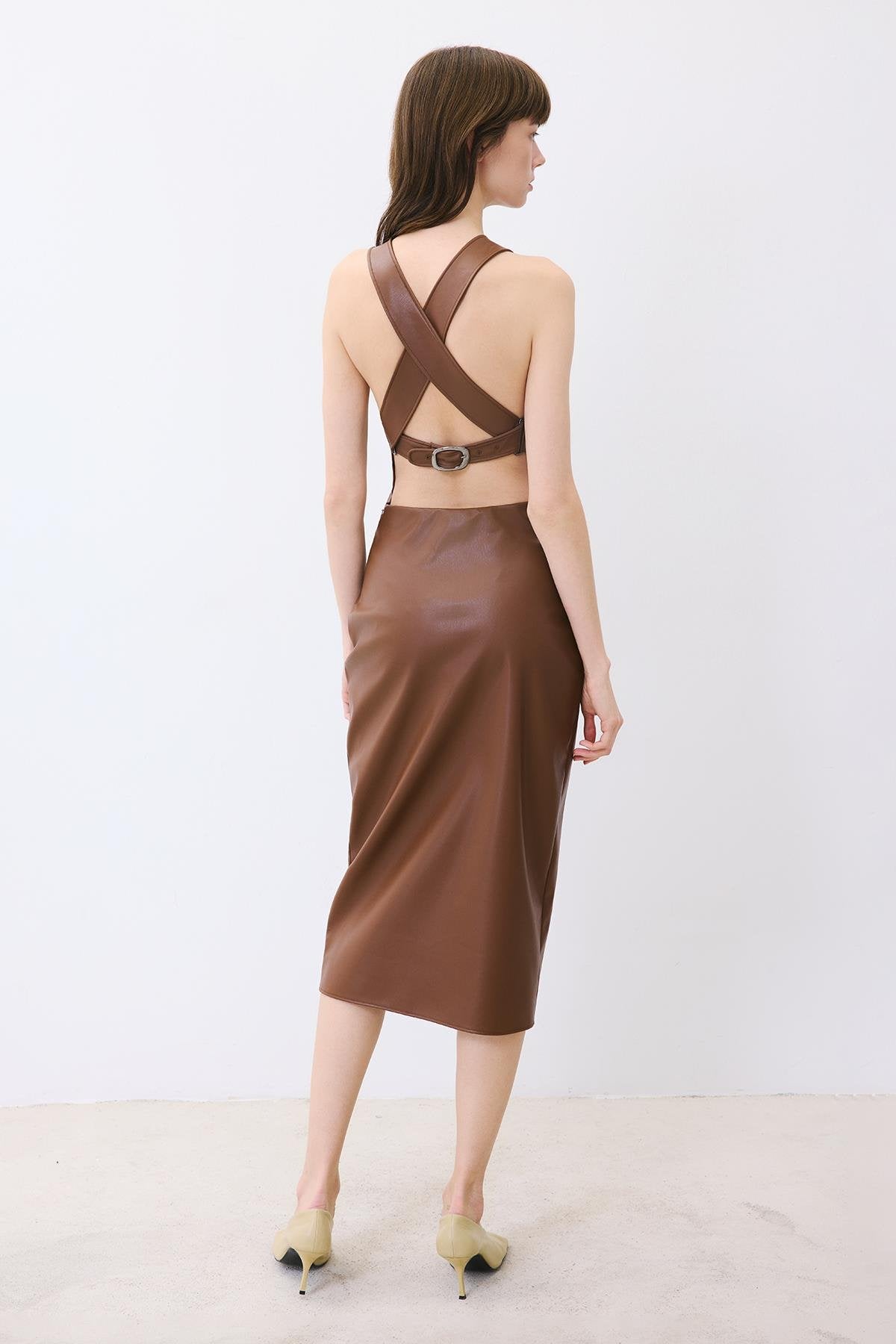 Plum Leather Midi Dress With Open Back