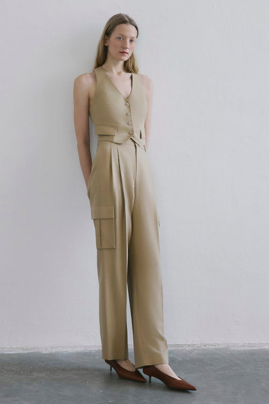 Linen Blend High Waist Wide Leg Powder Pants