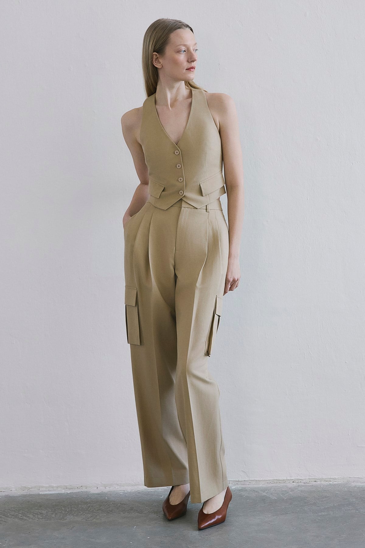 Linen Blend High Waist Wide Leg Powder Pants