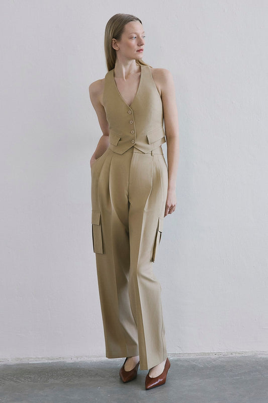 Linen Blend High Waist Wide Leg Powder Pants