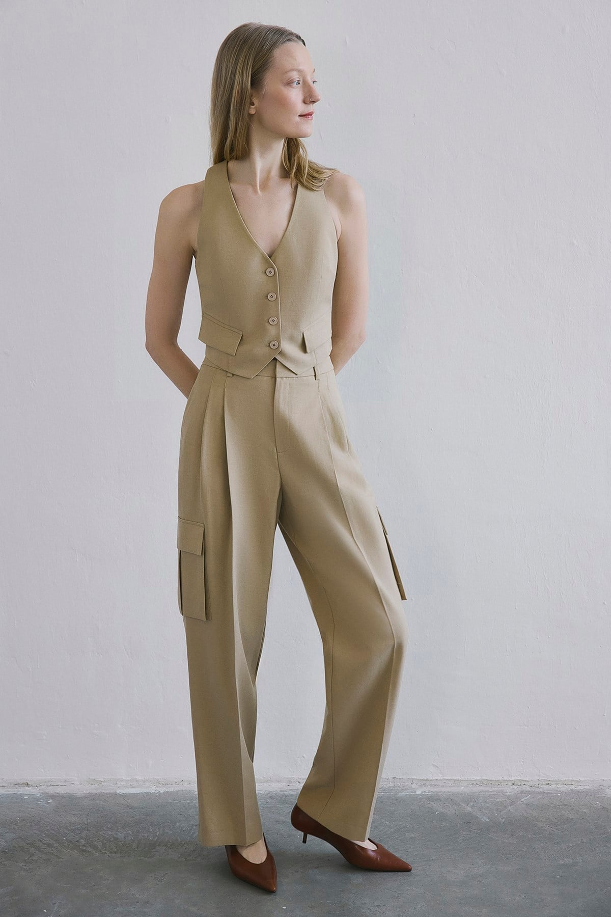 Linen Blend High Waist Wide Leg Powder Pants