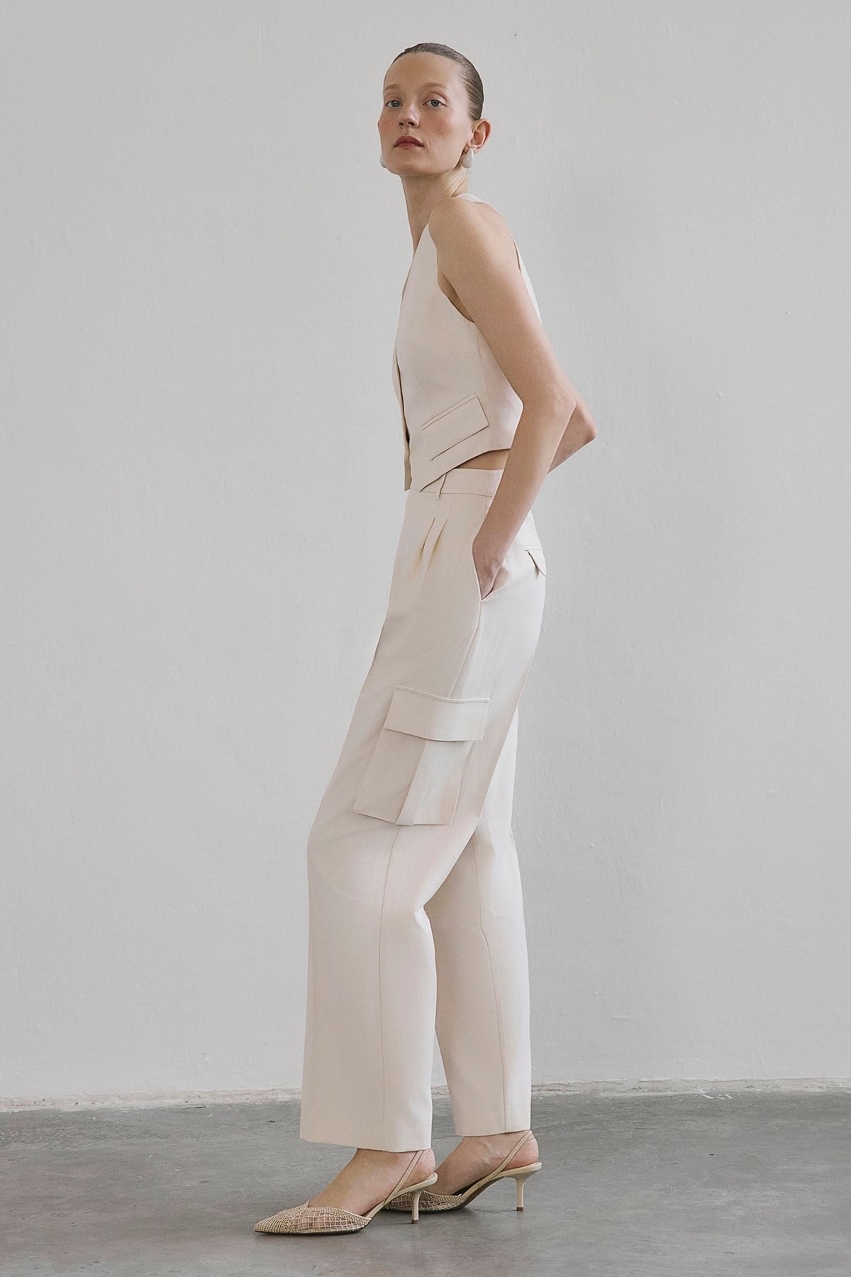 Linen Blend High Waist Wide Leg Powder Pants