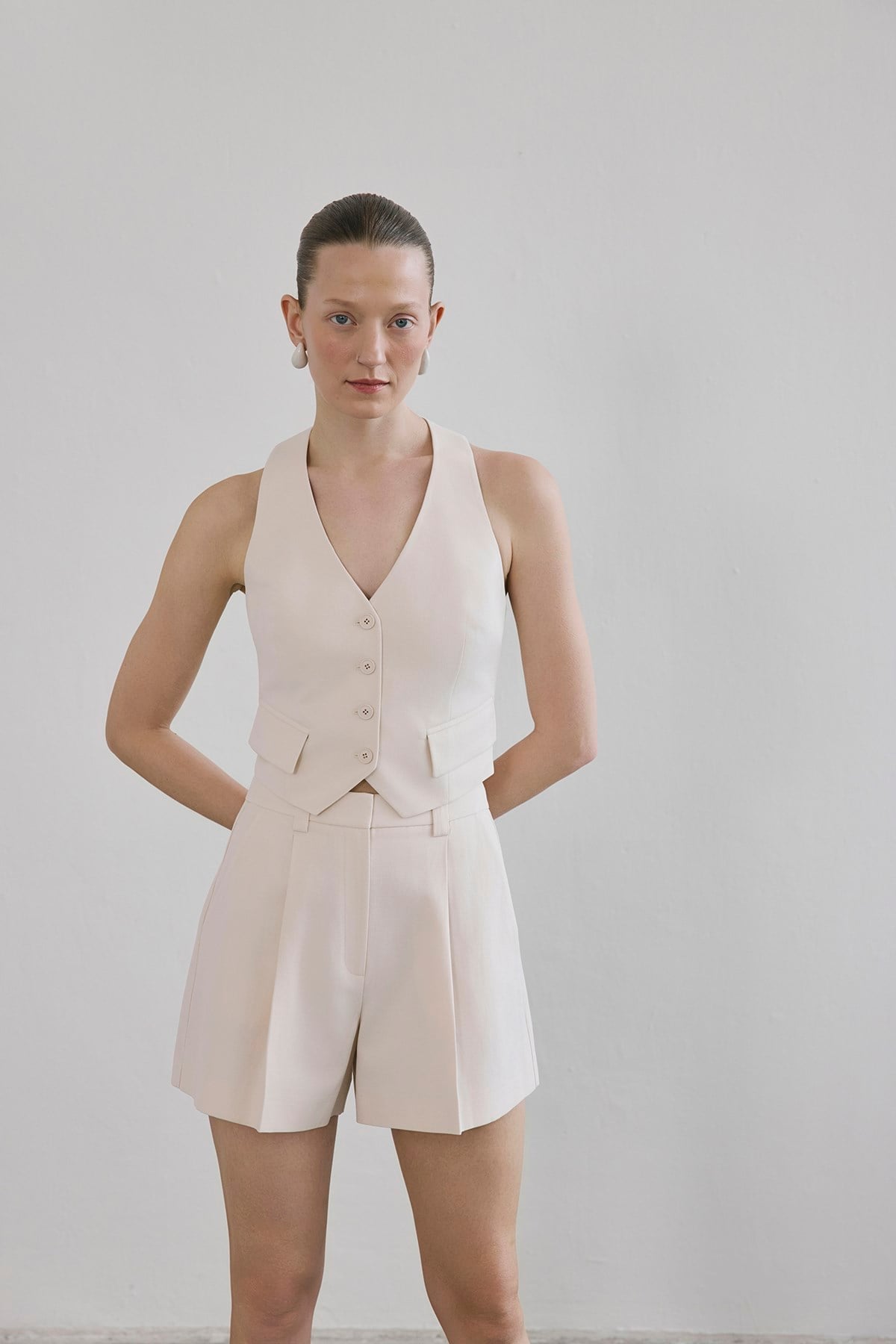 Linen Button Front Short Vest