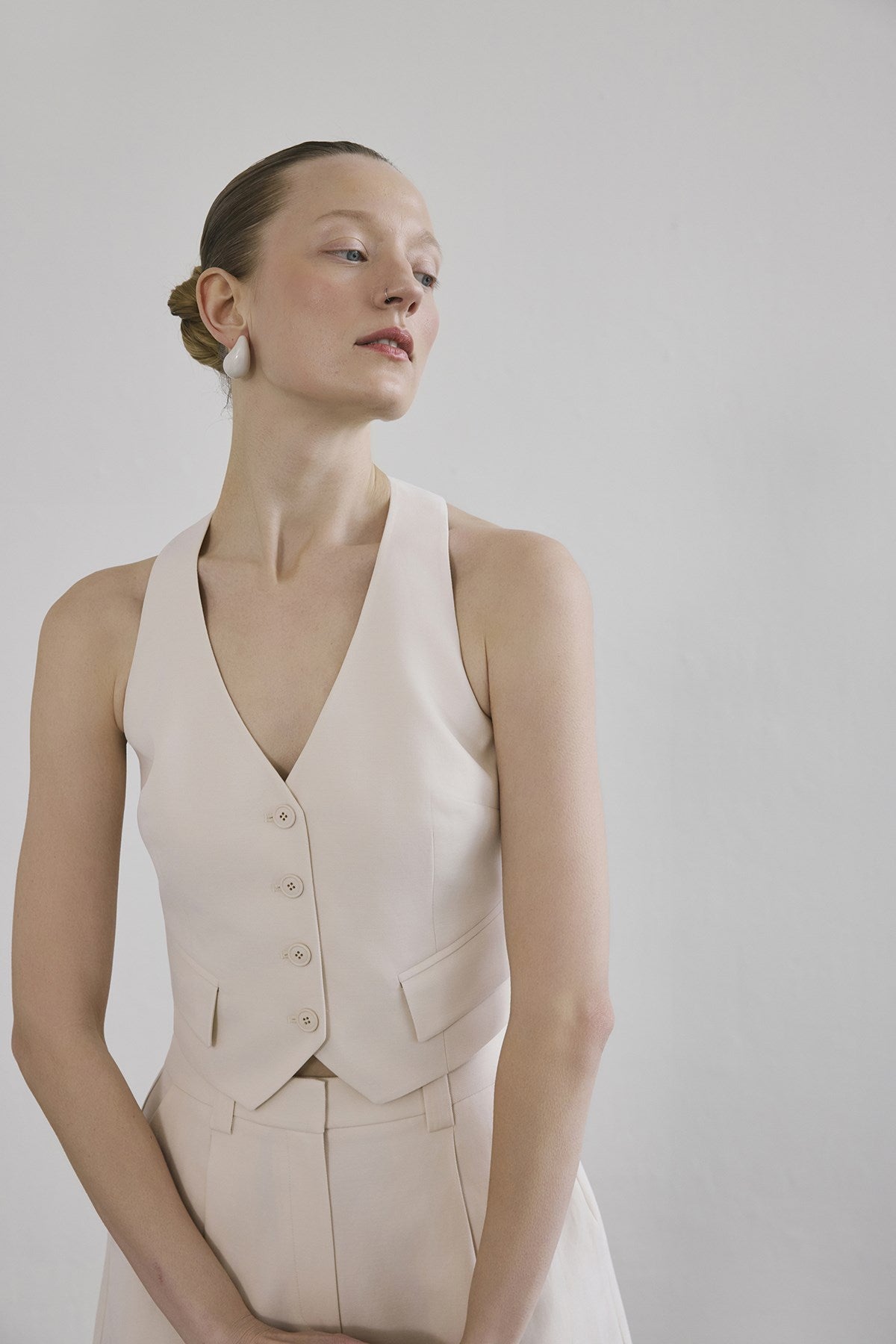 Linen Button Front Short Vest