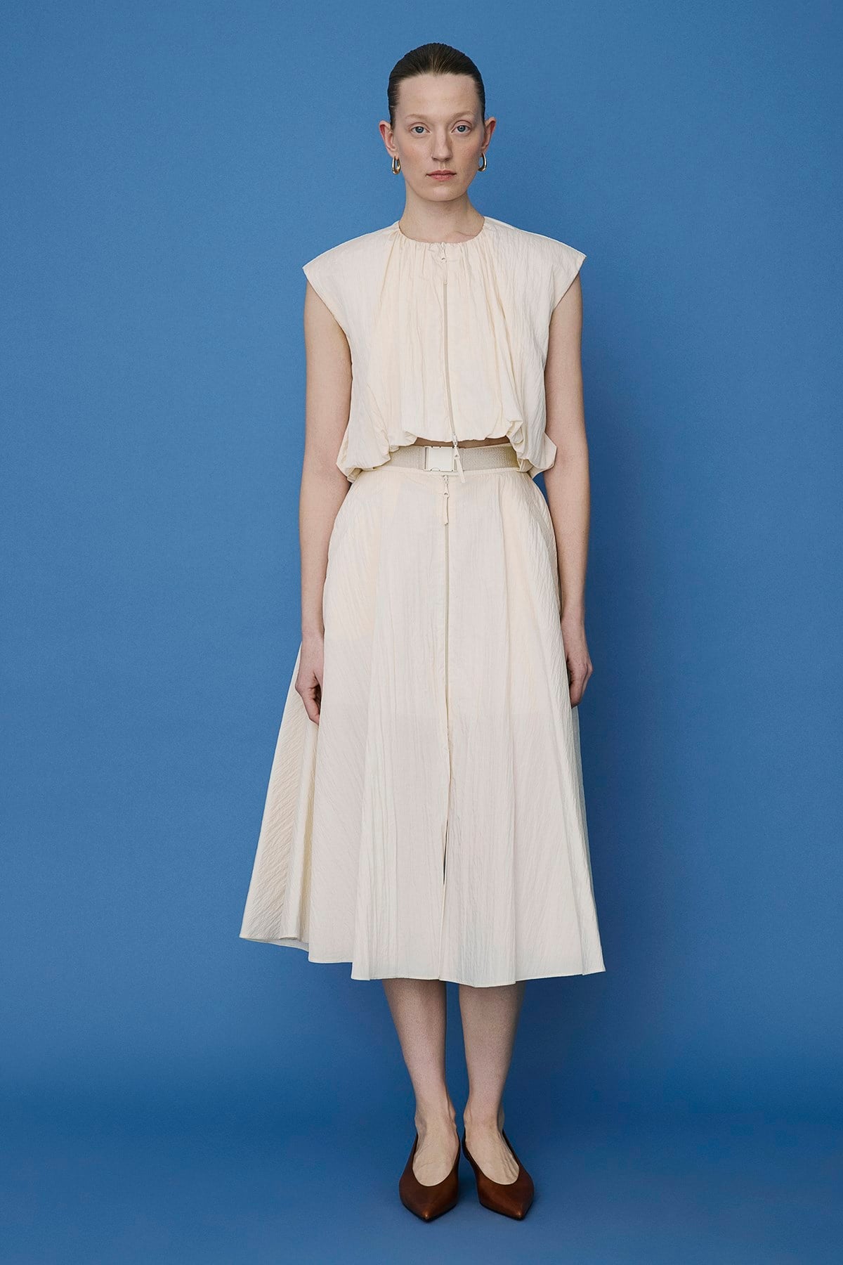 Metal Buckle Flared Midi Skirt