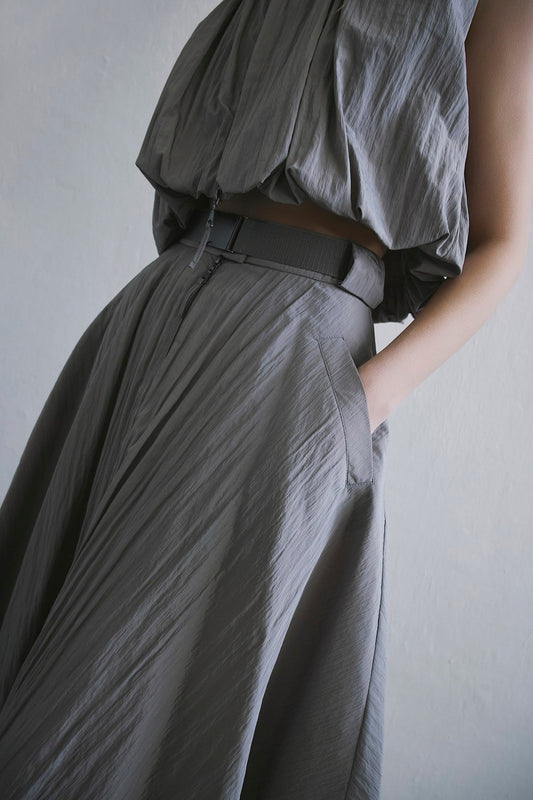 Metal Buckle Flared Midi Skirt