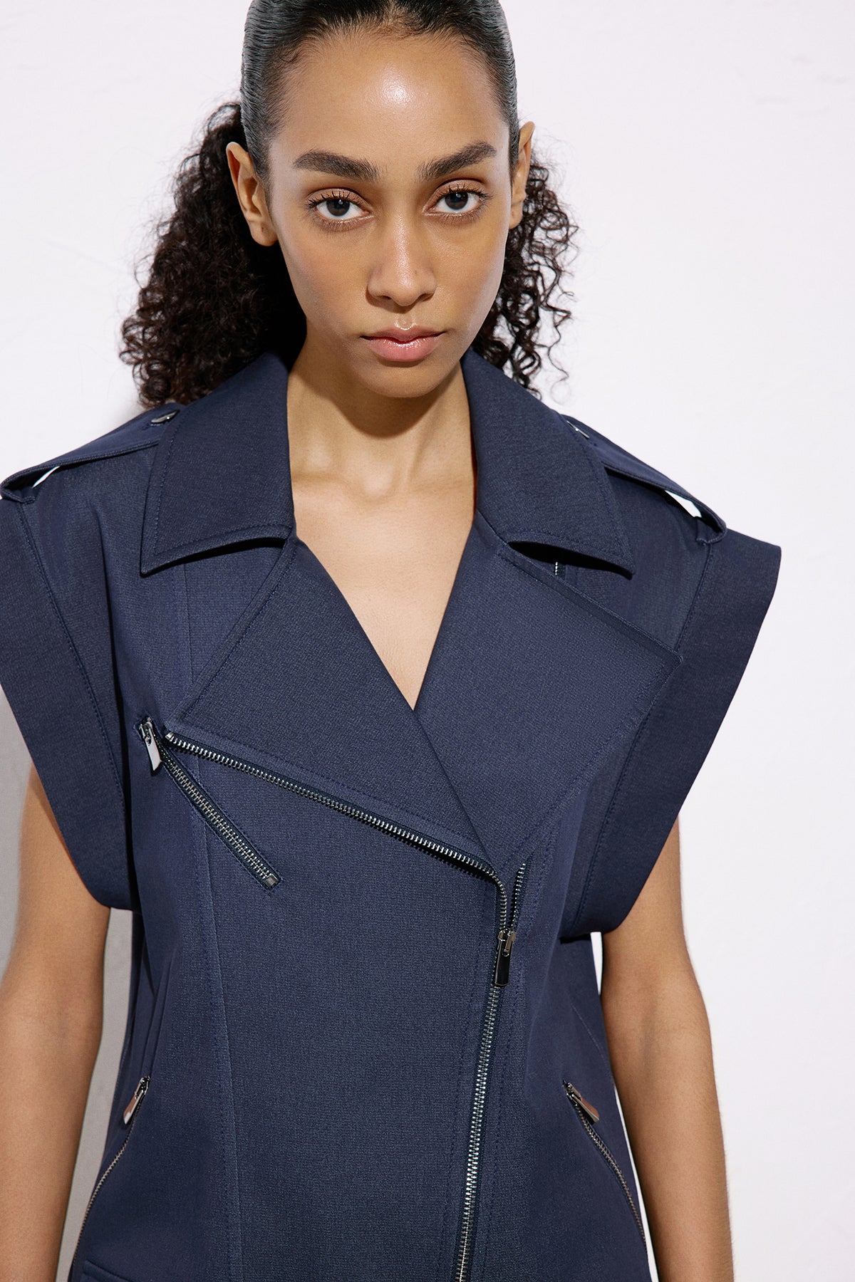 Metal Button Detailed Denim Textured Biker Vest