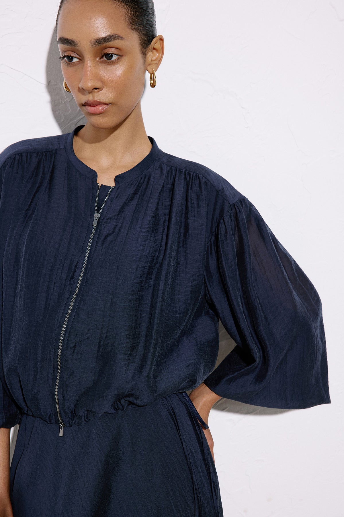 Metal Zippered Waist Cinched Jacket